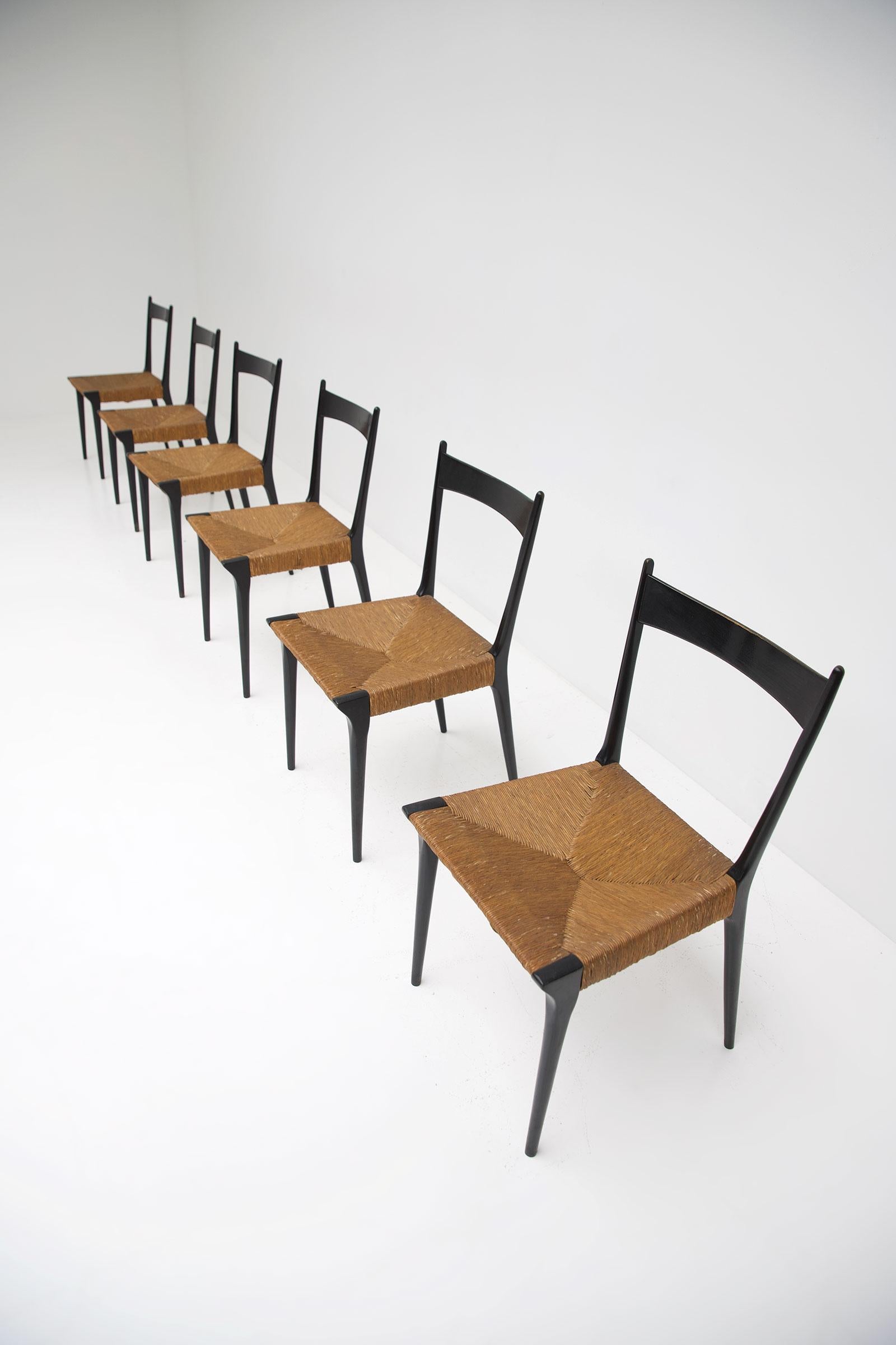 Cane and Black Lacquered Dining Chairs by Alfred Hendrickx, Set of Six For Sale 1