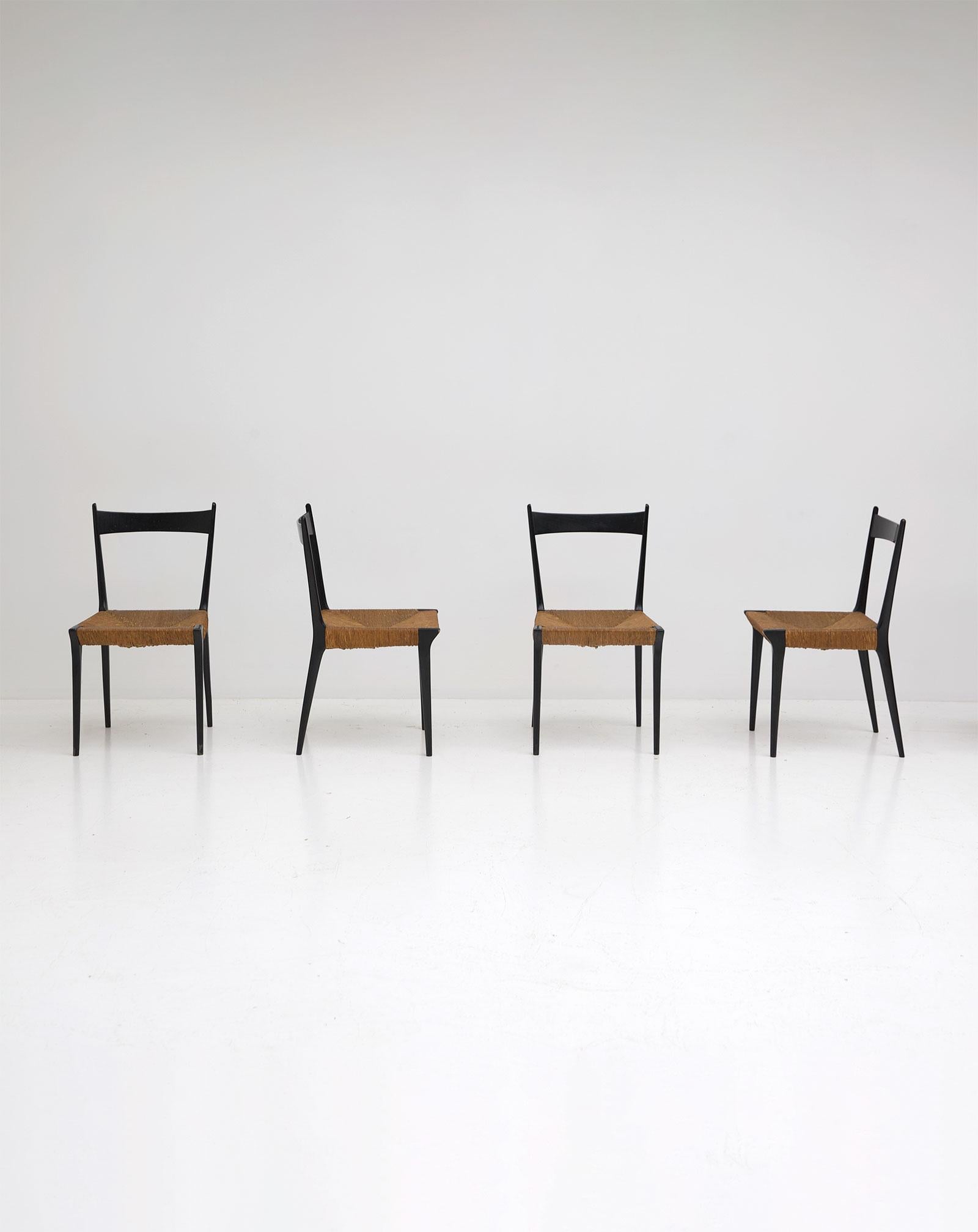Cane and Black Lacquered Dining Chairs by Alfred Hendrickx, Set of Six For Sale 2