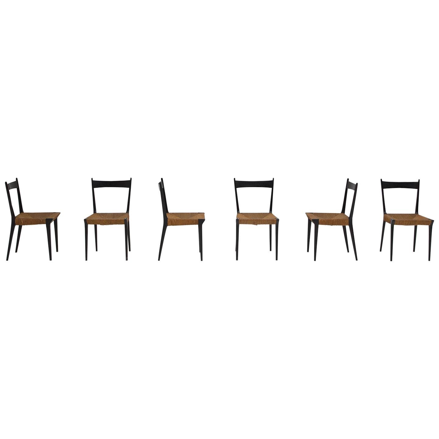 Cane and Black Lacquered Dining Chairs by Alfred Hendrickx, Set of Six For Sale