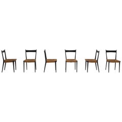 Cane and Black Lacquered Dining Chairs by Alfred Hendrickx, Set of Six