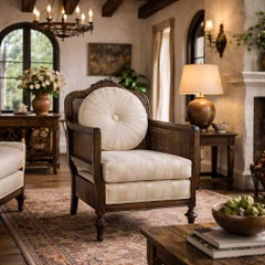 Cane and Carved Wood Armchair with Round Tufted Back Pillow