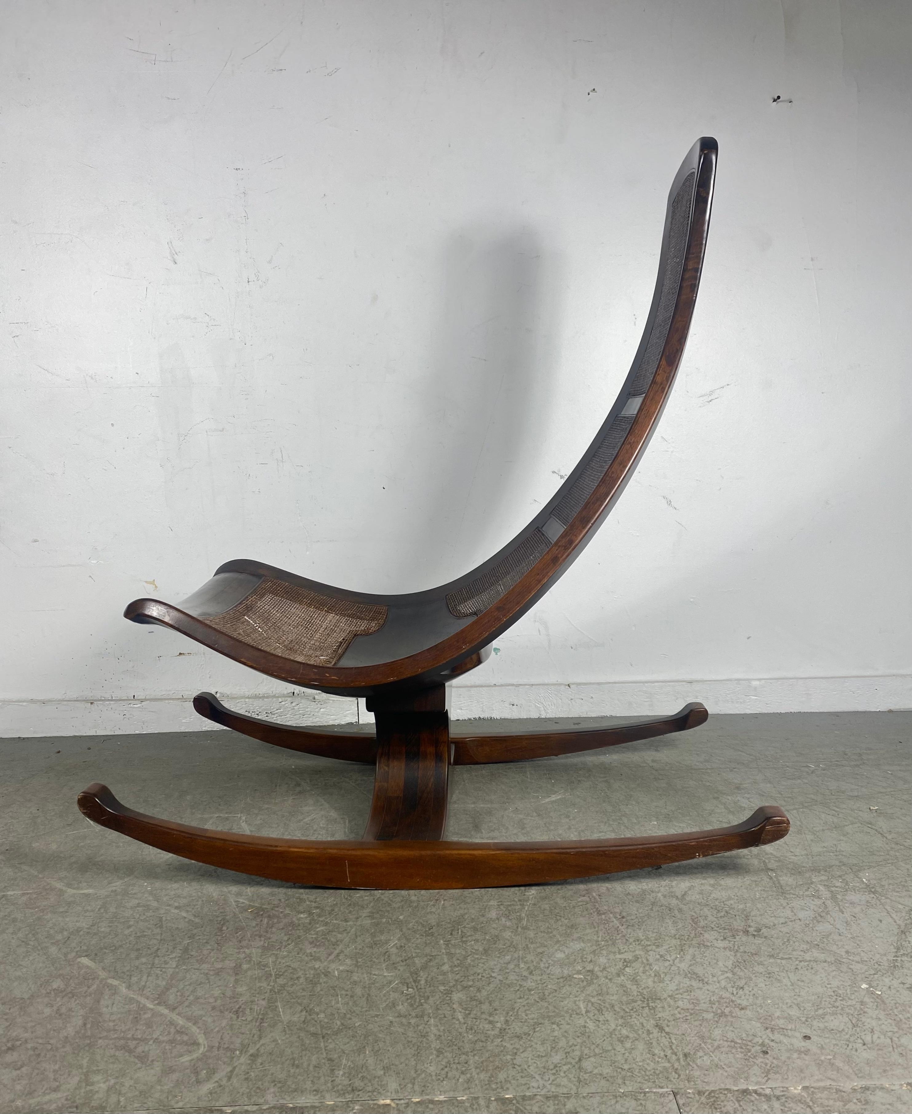Cane and Exotic Wood Brazilian Rocking Chair In Good Condition For Sale In Buffalo, NY