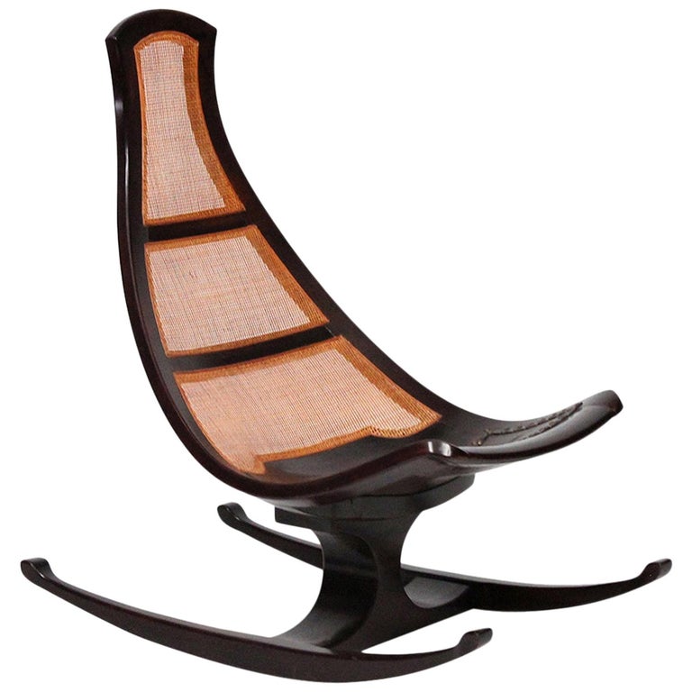 Joaquim Tenreiro Cane and Exotic Wood Rocking Chair, 1960s, Offered by Adam Edelsberg