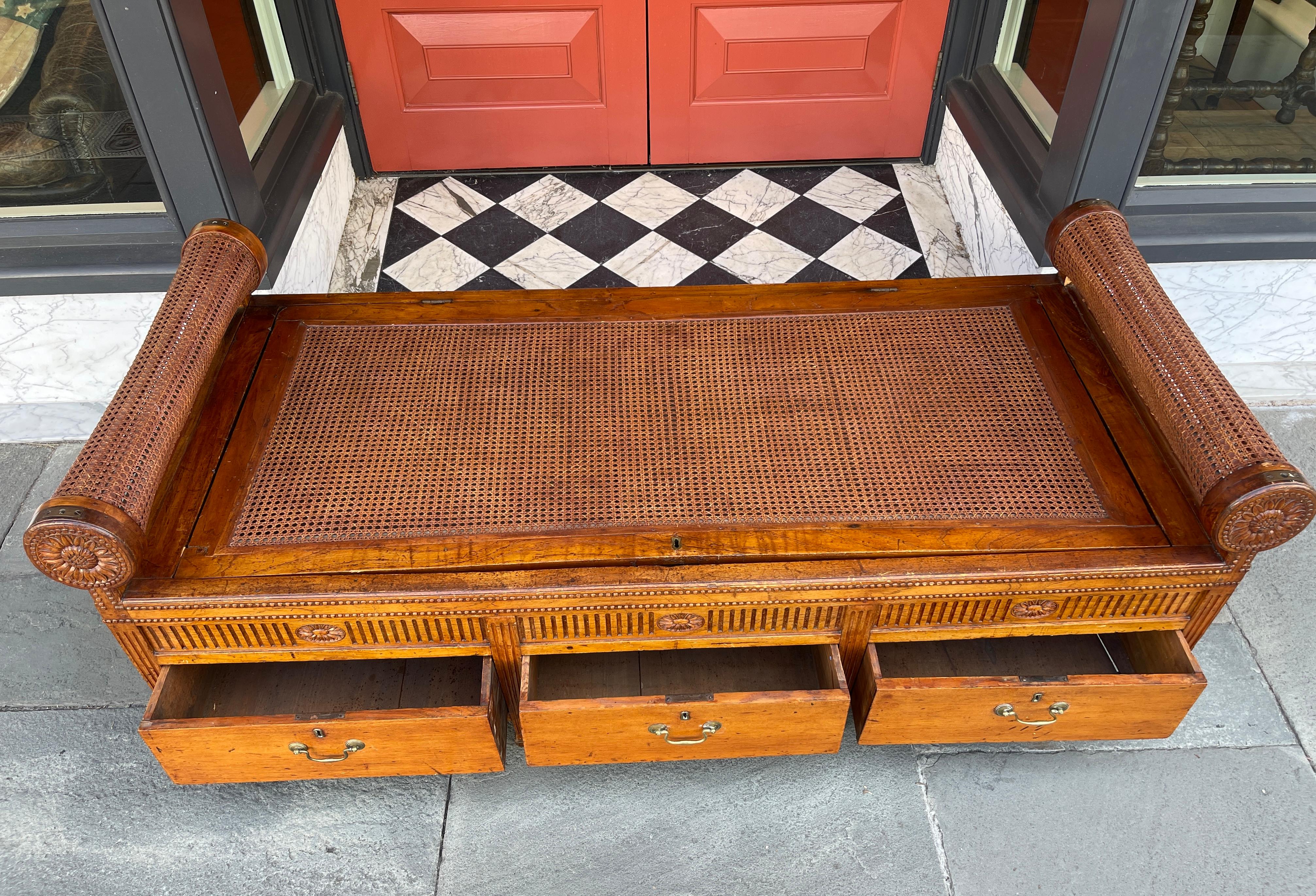 Early 19th Century Cane and hardwood China Trade day bed with rolled arms c.1820 For Sale