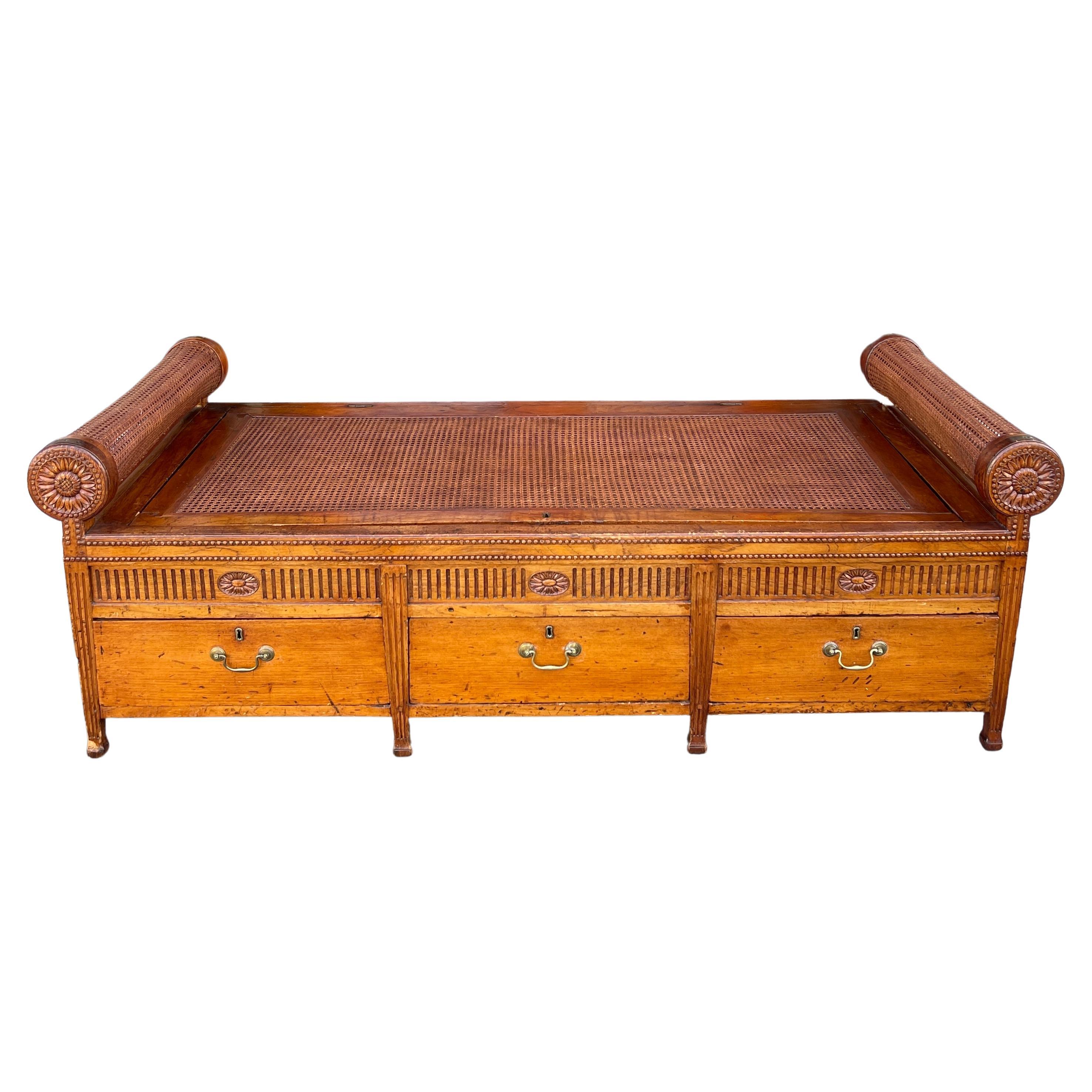 Cane and hardwood China Trade day bed with rolled arms c.1820 For Sale