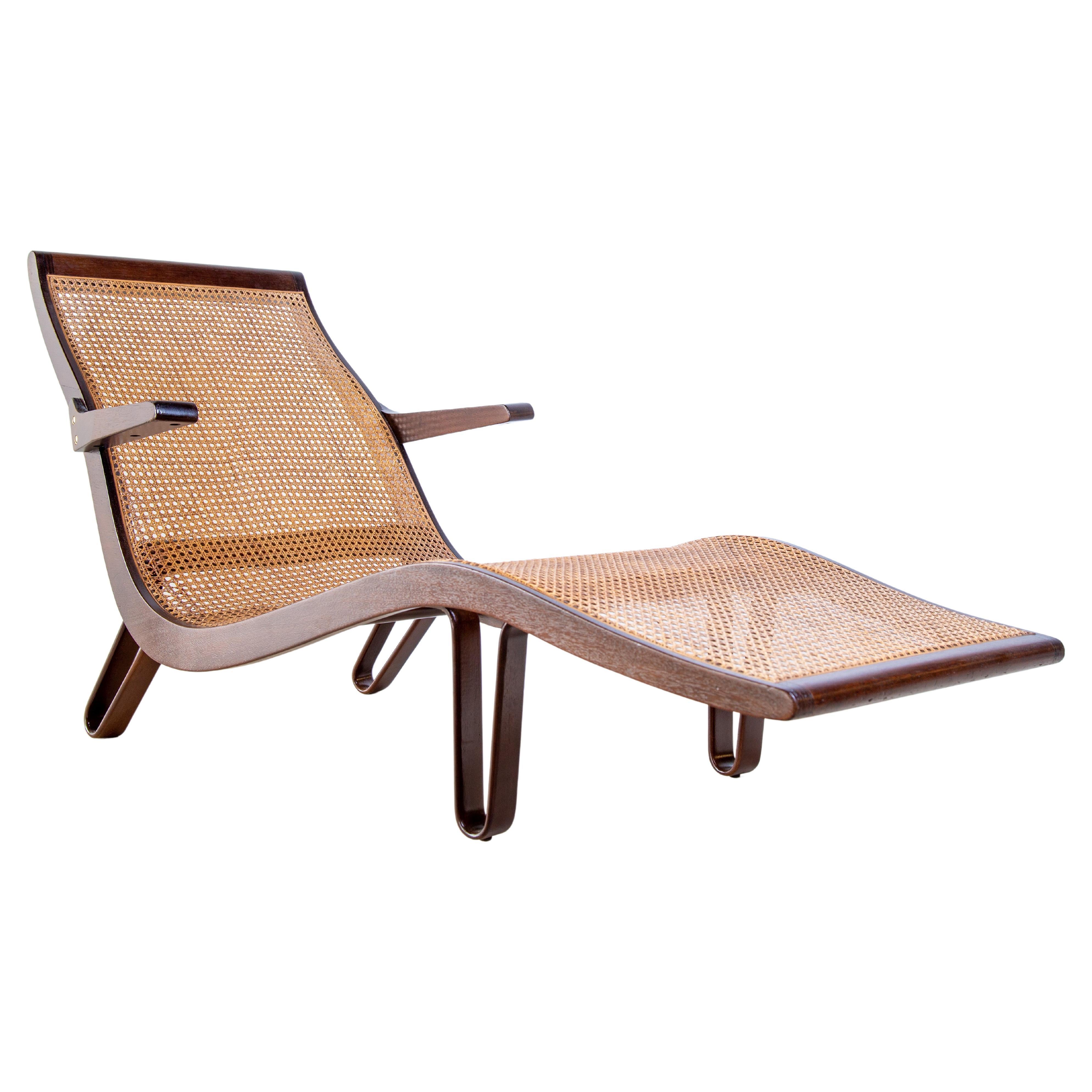 Ultra rare chaise lounge by Edward Wormley for Dunbar in cane and mahogany on bent wood hairpin legs.  As much art, as it is form, this chaise will be the centerpiece of your design.  One of only 8 examples to resurface this is a collectors