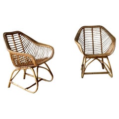 Cane and Rattan Pair of Side Chairs, France, Mid Century