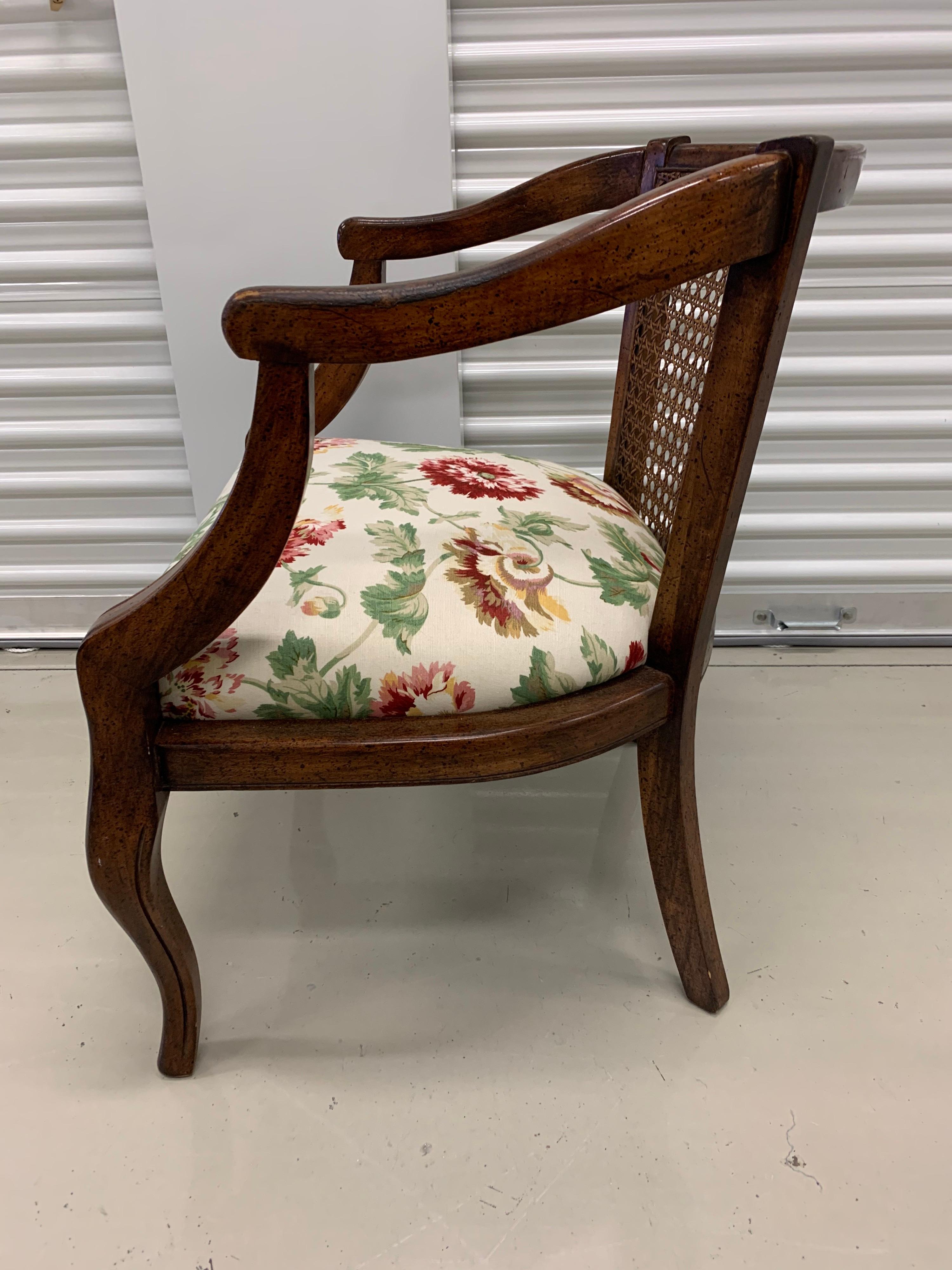 American Cane Back Armchair with Linen Floral Upholstery