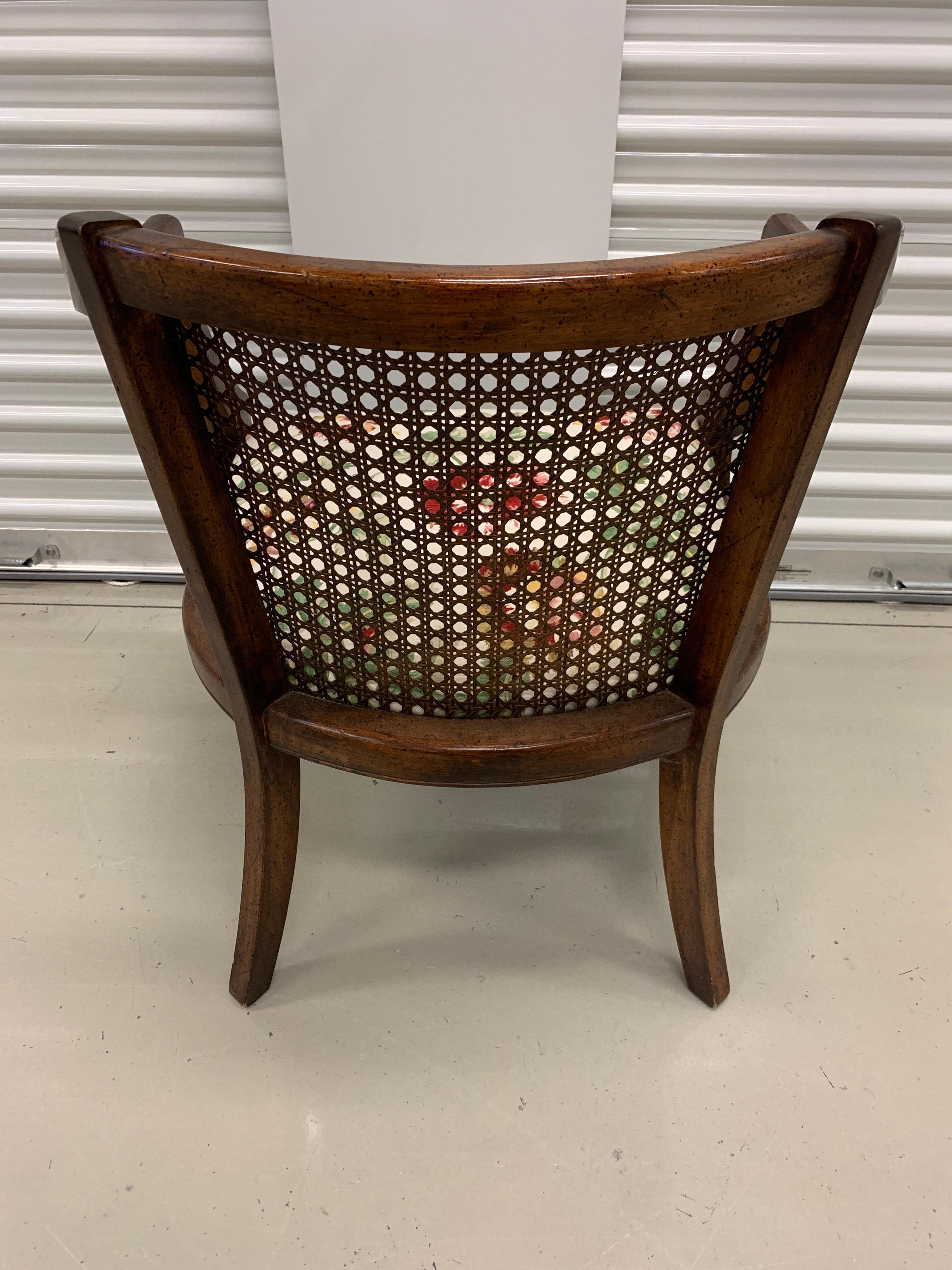 Cane Back Armchair with Linen Floral Upholstery In Good Condition In West Hartford, CT