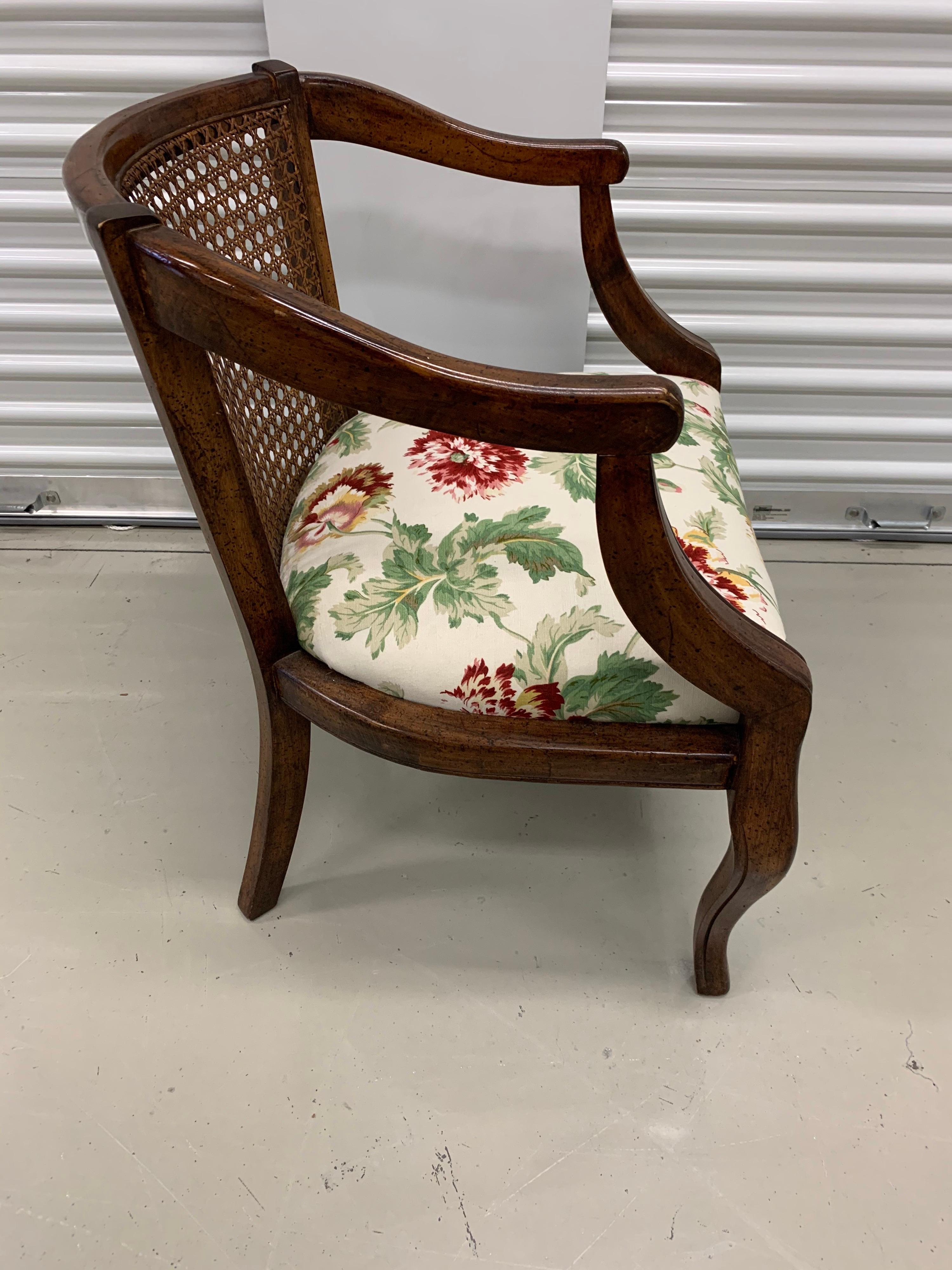Mid-20th Century Cane Back Armchair with Linen Floral Upholstery