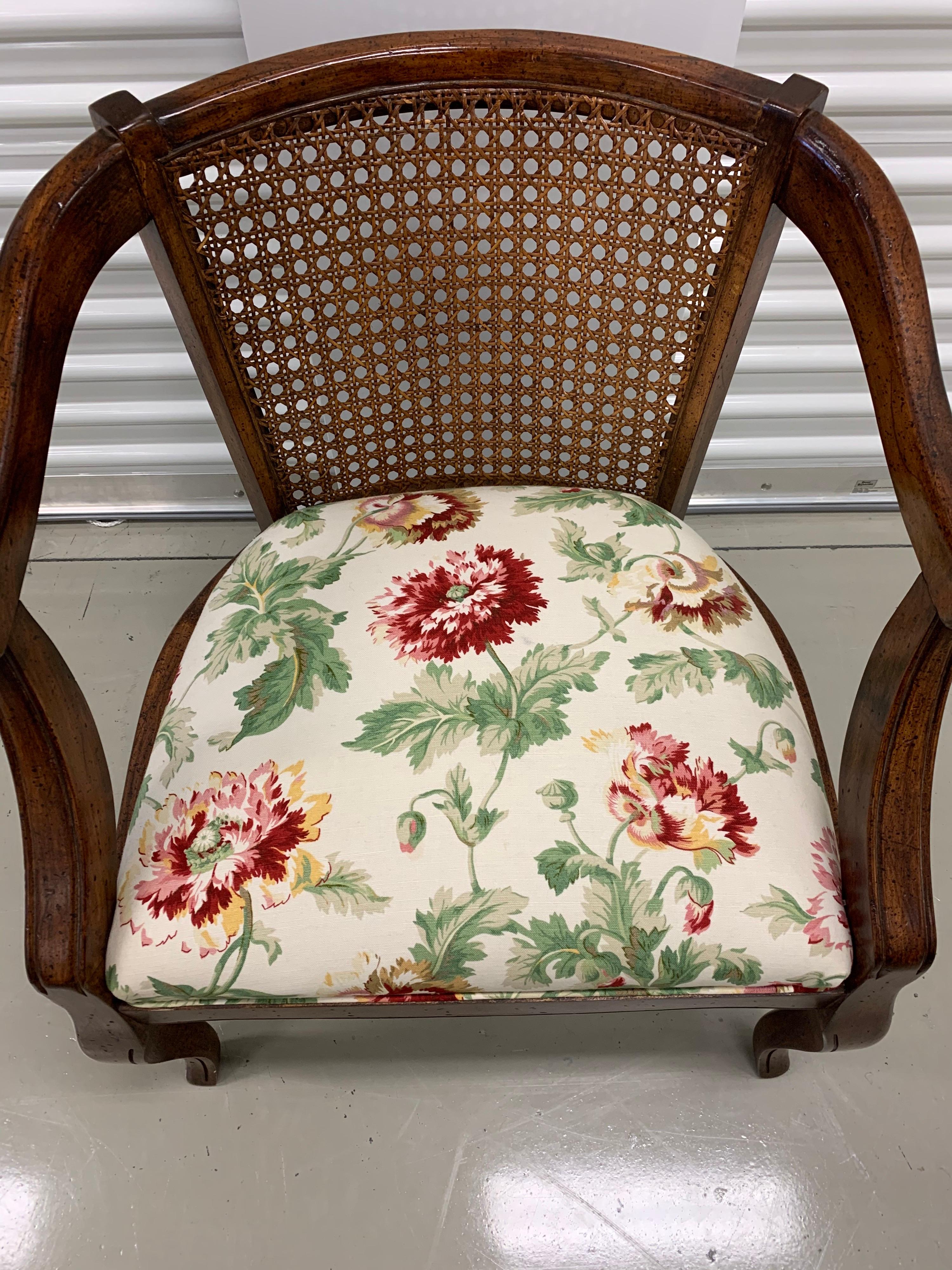Cane Back Armchair with Linen Floral Upholstery 1