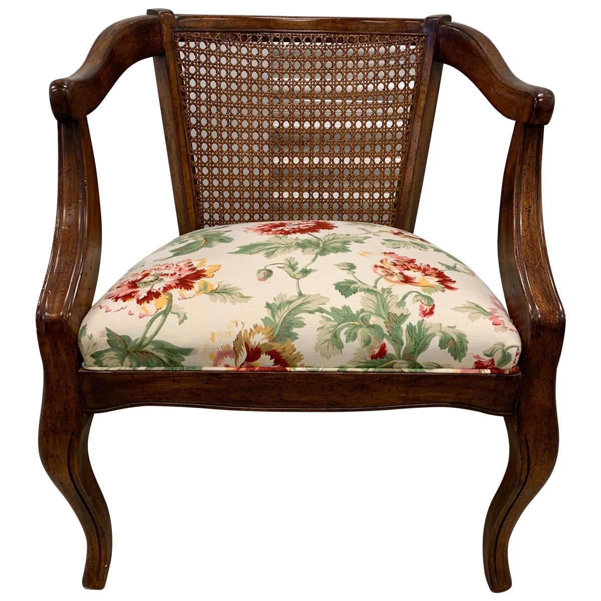 Cane Back Armchair with Linen Floral Upholstery