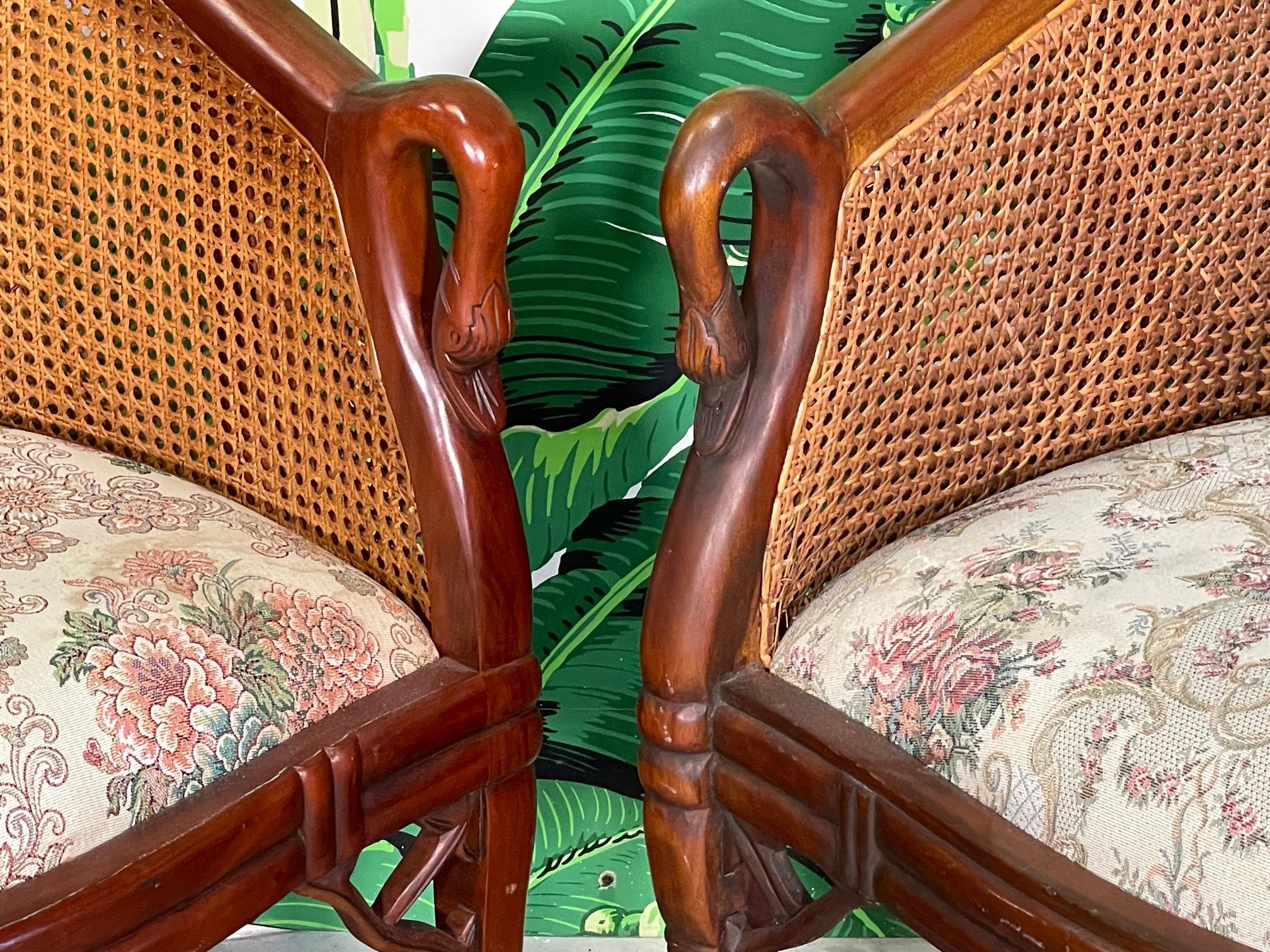 Late 20th Century Cane Back Carved Wood Swan Club Chairs