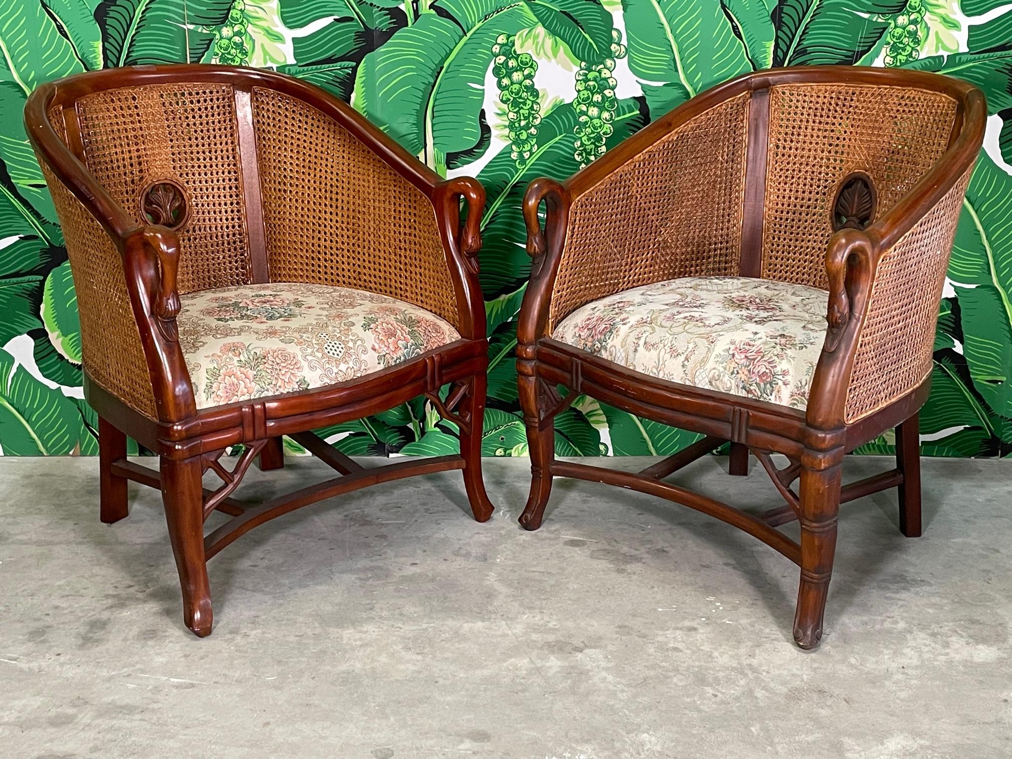 Upholstery Cane Back Carved Wood Swan Club Chairs