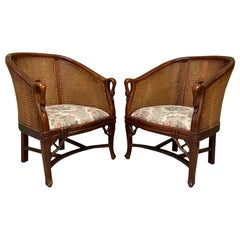 Vintage Cane Back Carved Wood Swan Club Chairs