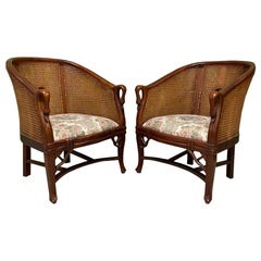 Retro Cane Back Carved Wood Swan Club Chairs