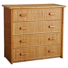 Cane + Bamboo Dresser with 4 Drawers, France 1970s
