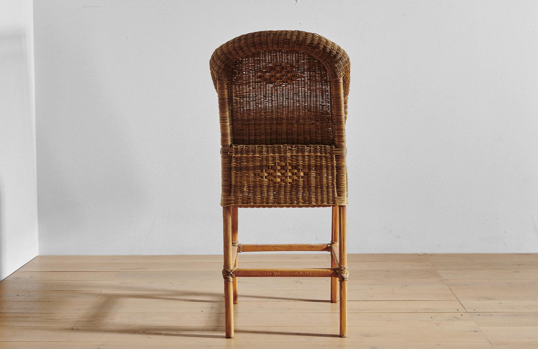 Hand-Woven Handwoven Malawi Cane Bar Stool in Classic Weave with White Linen Cushion For Sale