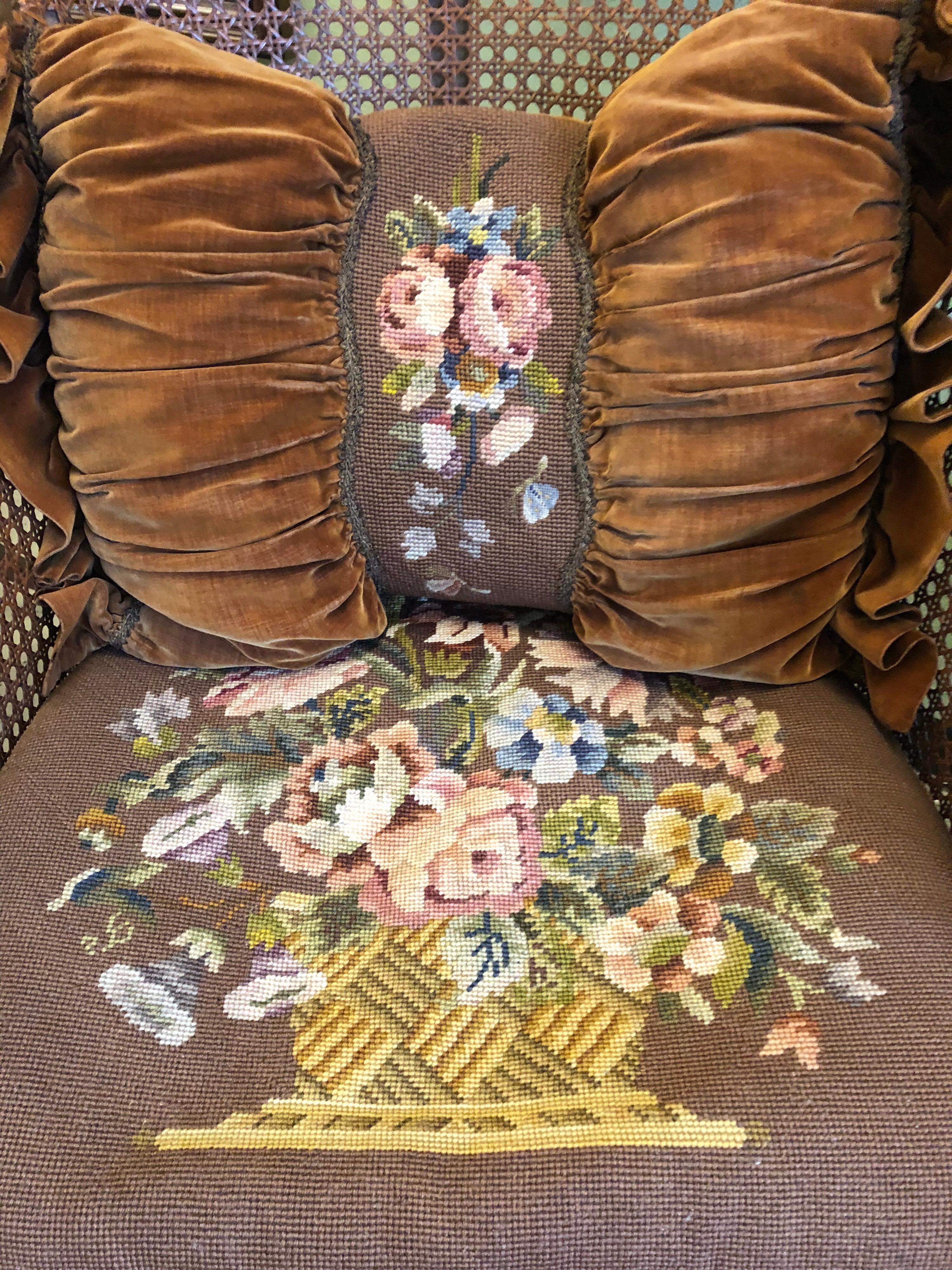 Hand-Woven Cane Carved Wood French Armchair with Flower Tapestry, 19th Century