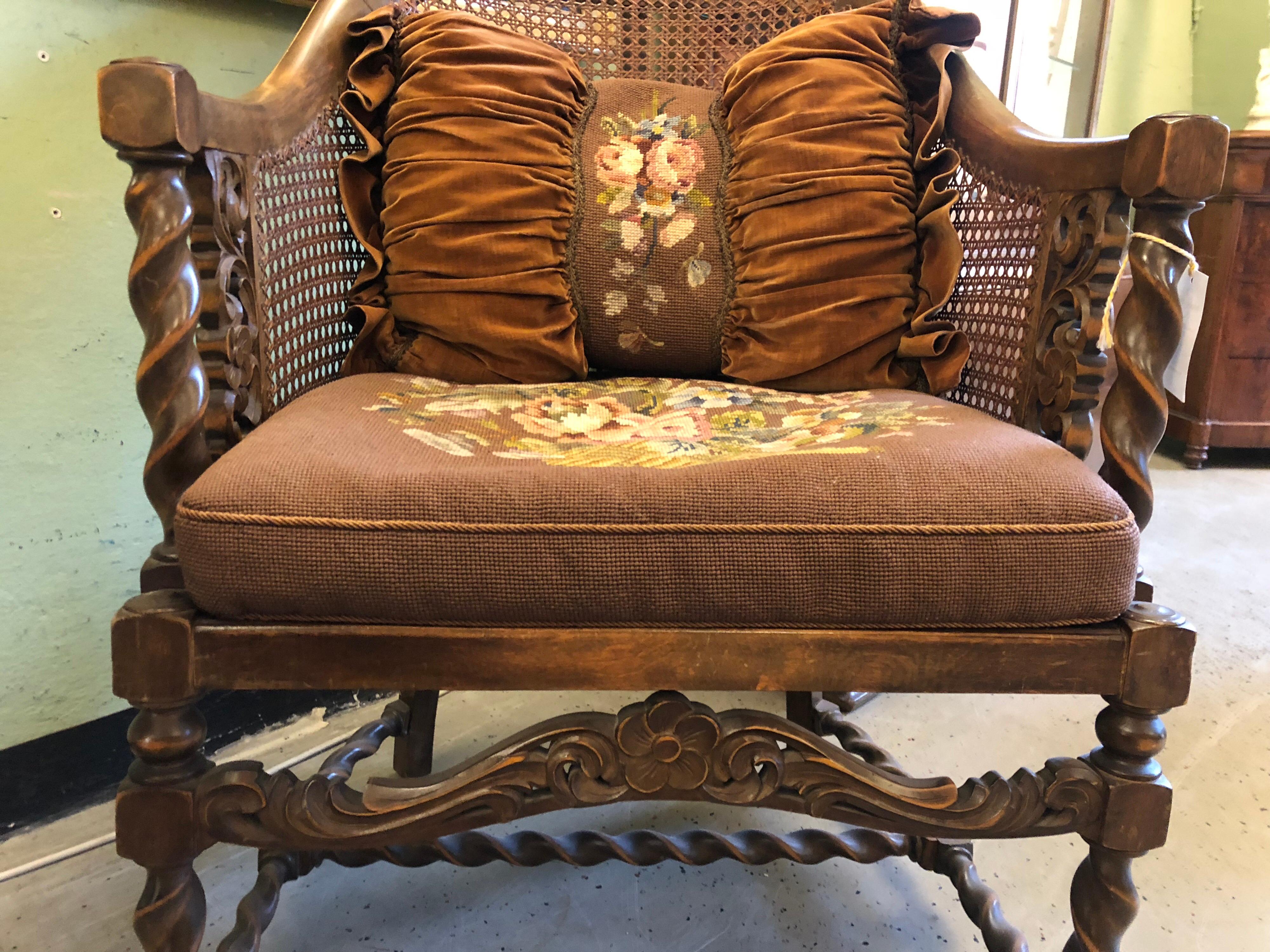 Cane Carved Wood French Armchair with Flower Tapestry, 19th Century 2