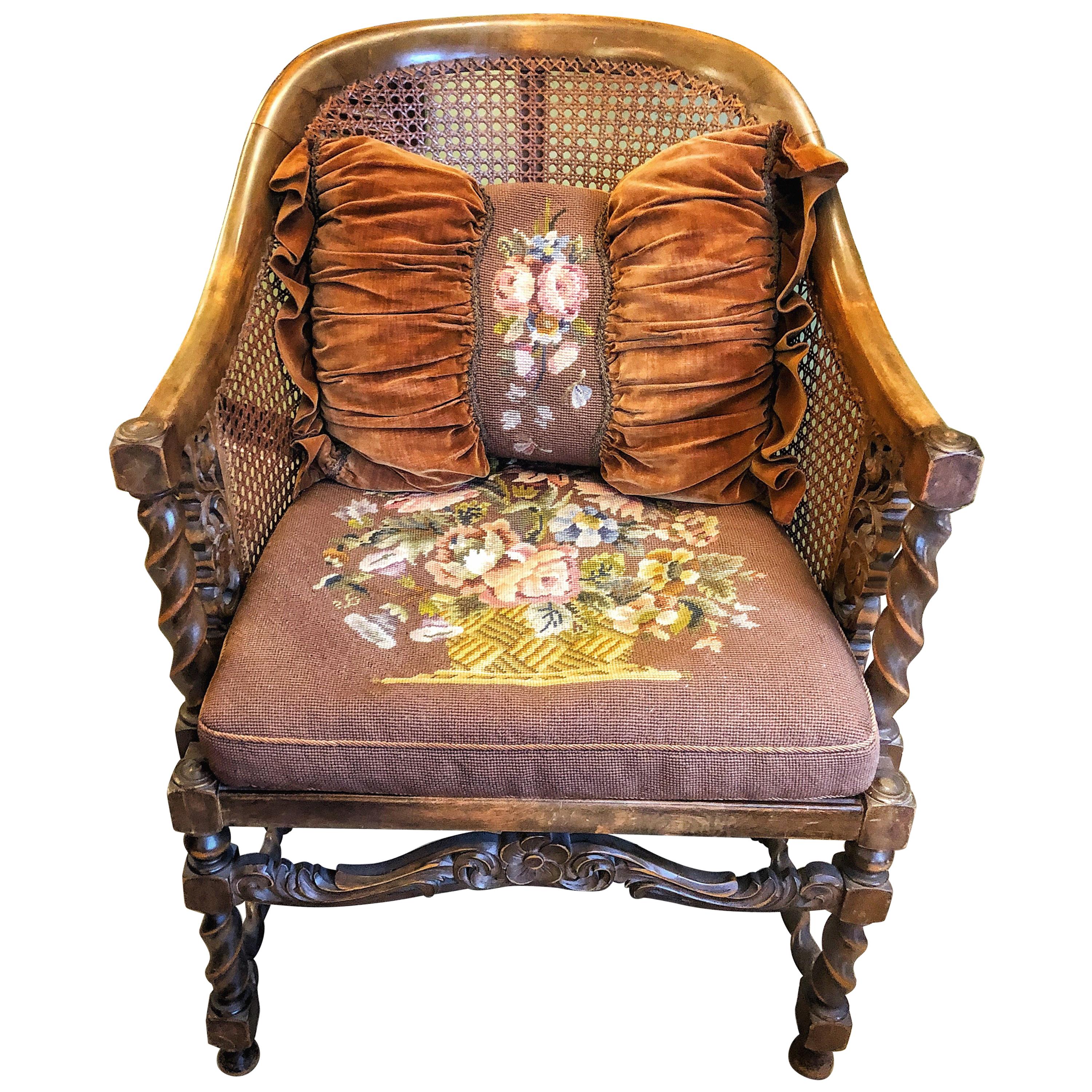 Cane Carved Wood French Armchair with Flower Tapestry, 19th Century