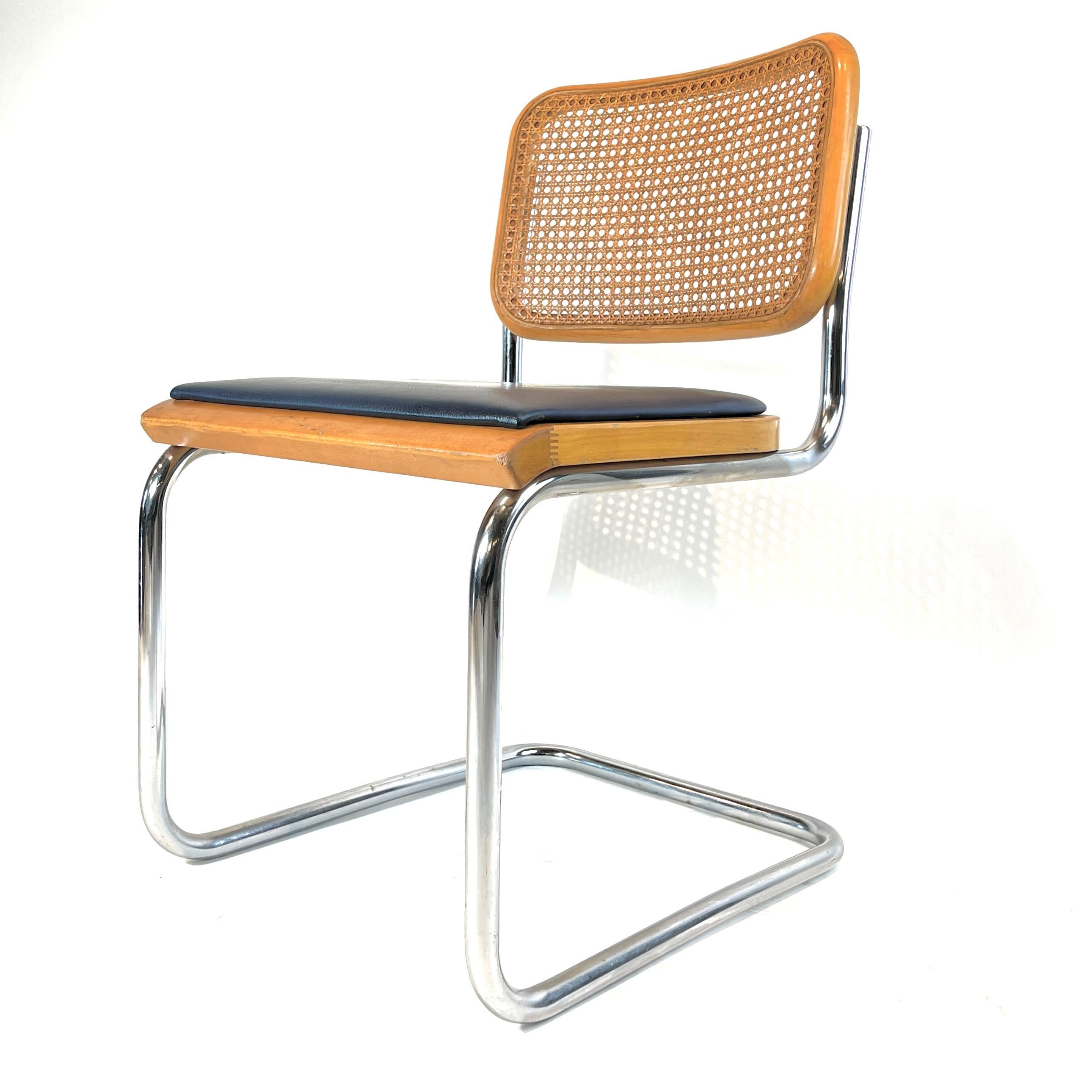 Cane back with navy colored Naugahyde seats. 




The Cesca Chair was a chair design in 1928 by Marcel Breuer, using tubular steel.It was named Cesca as a tribute to Breuer’s adopted daughter Francesca (nicknamed Cheska).
 In 1968 the chair