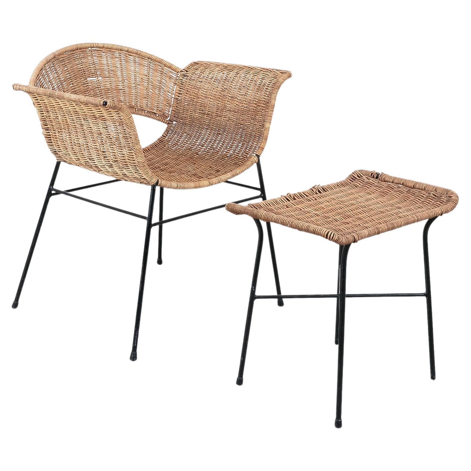 Cane Chair Wicker Lounge Chair With Ottoman, Austria 1955