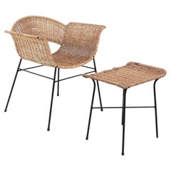 Cane Chair Wicker Lounge Chair With Ottoman, Austria 1955