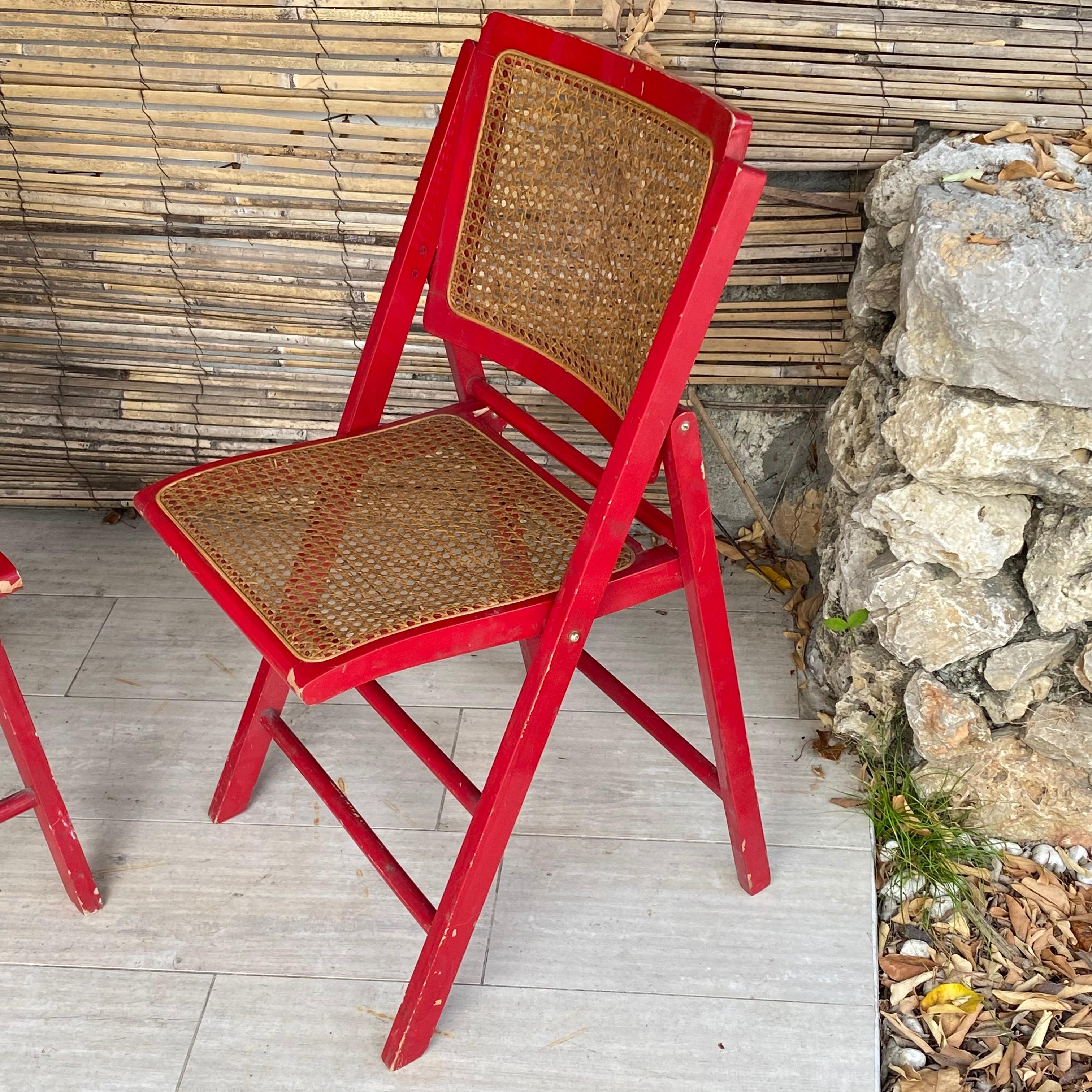 Mid-Century Modern Cane Folding Chairs Set of 2, France 1970, Red Color