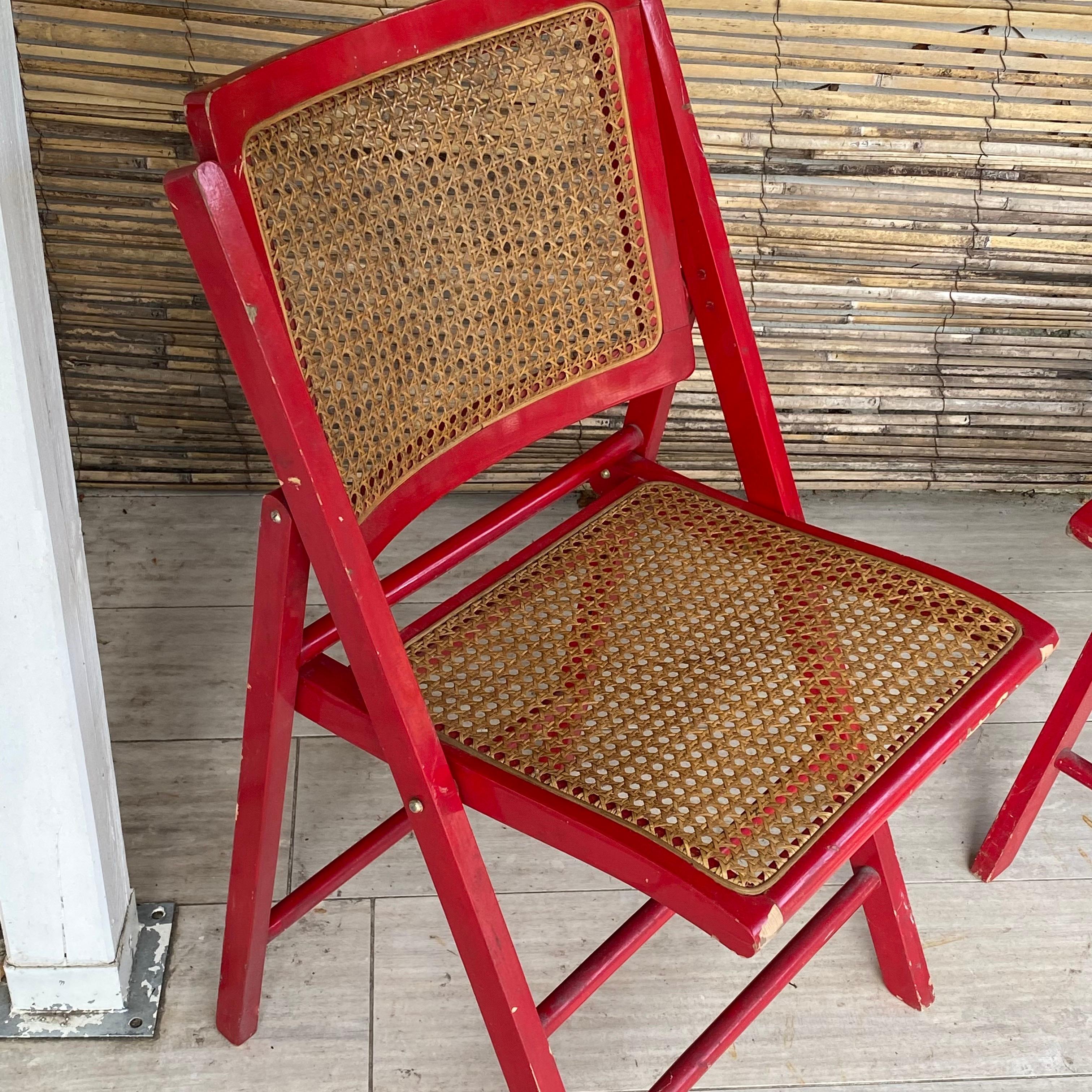 French Cane Folding Chairs Set of 2, France 1970, Red Color