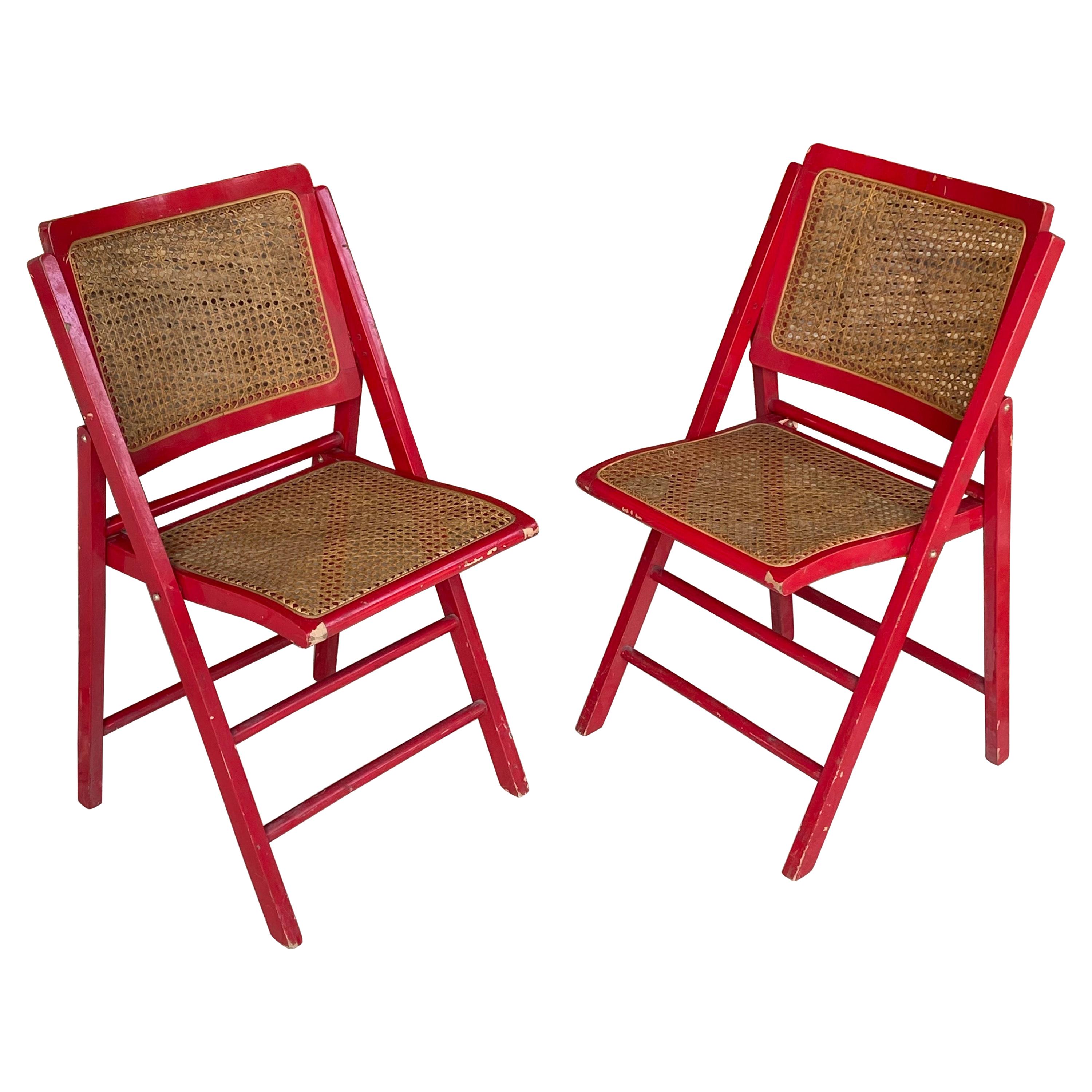 Cane Folding Chairs Set of 2, France 1970, Red Color