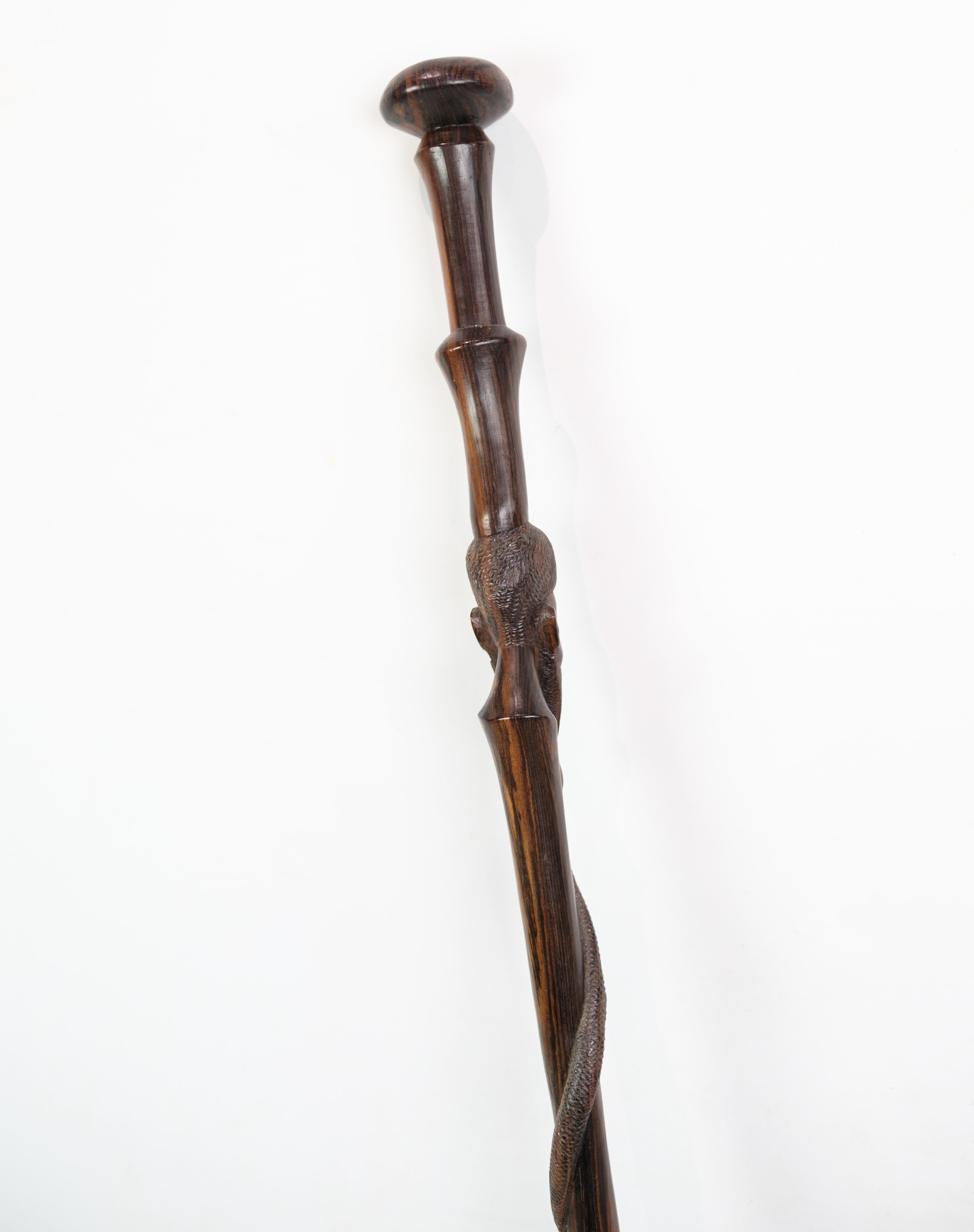 Cane in rosewood with a carved motif of a man being bitten by a snake 1960 For Sale 5