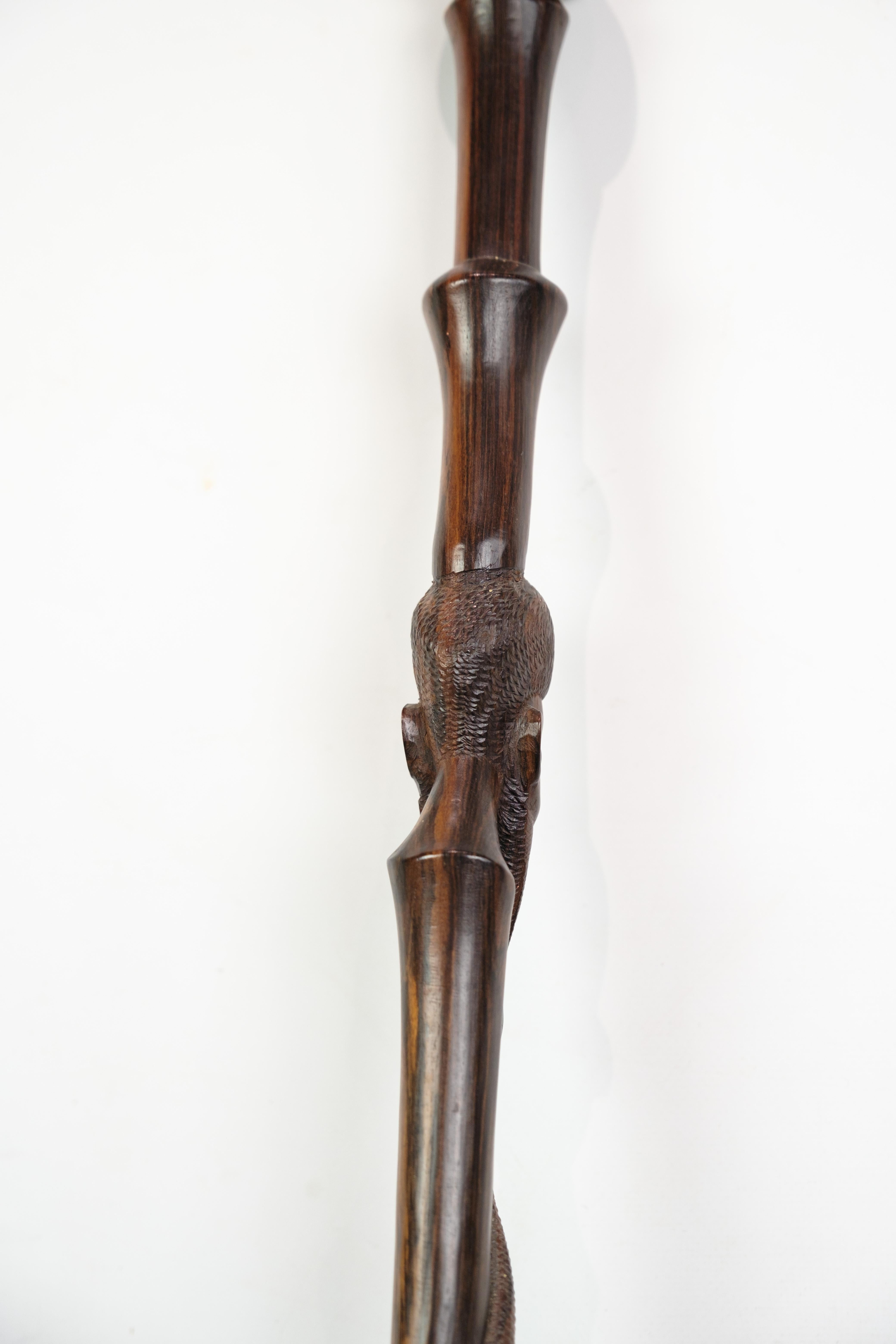 Cane in rosewood with a carved motif of a man being bitten by a snake 1960 For Sale 3