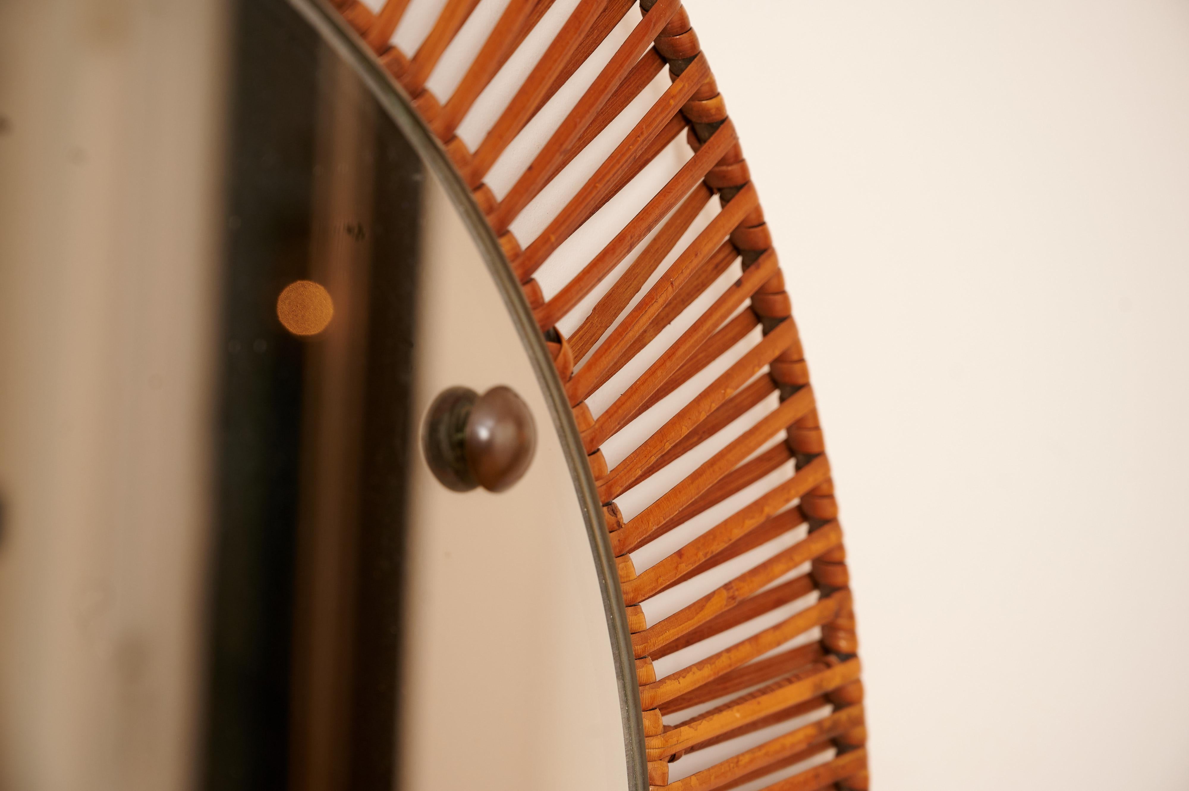 Mid-Century Modern Cane Mirror with Brass Details For Sale