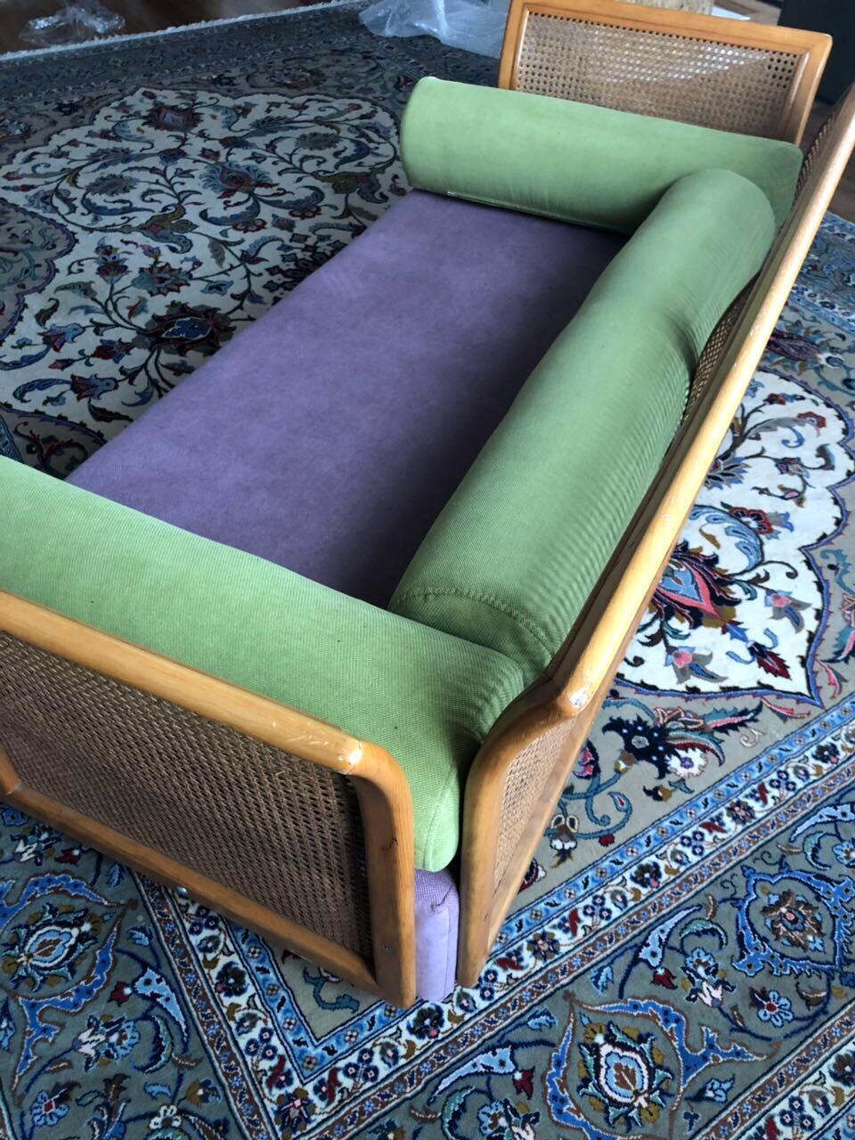 Cane Settee purple green new upholstery, Mid-Century Modern, Italy.
