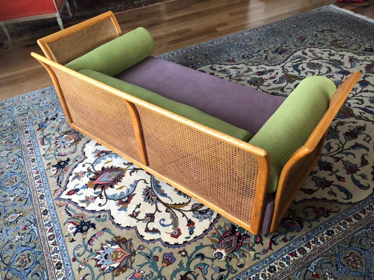 Italian Cane Settee Purple Green New Upholstery, Mid-Century Modern, Italy For Sale