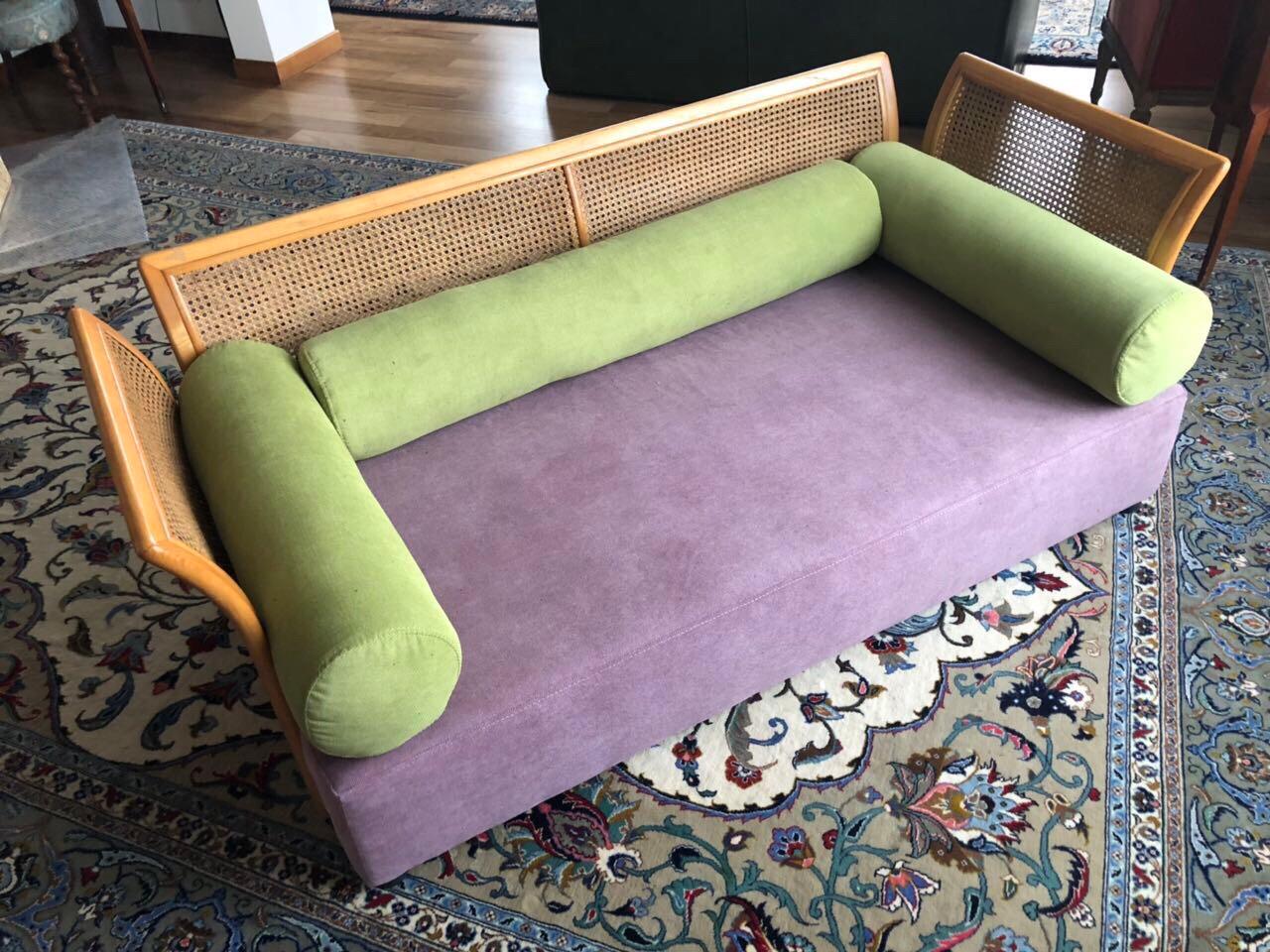 Machine-Made Cane Settee Purple Green New Upholstery, Mid-Century Modern, Italy For Sale