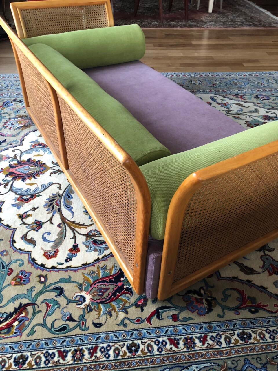 Cane Settee Purple Green New Upholstery, Mid-Century Modern, Italy In Good Condition For Sale In Sofia, BG