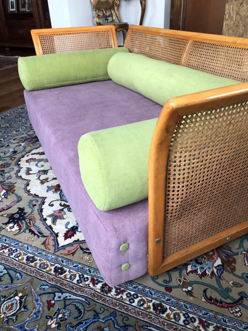Mid-20th Century Cane Settee Purple Green New Upholstery, Mid-Century Modern, Italy For Sale