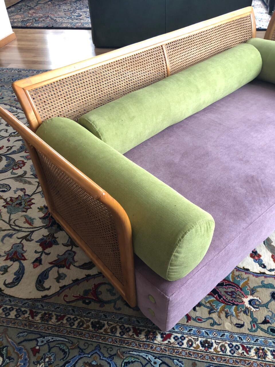 Textile Cane Settee Purple Green New Upholstery, Mid-Century Modern, Italy For Sale