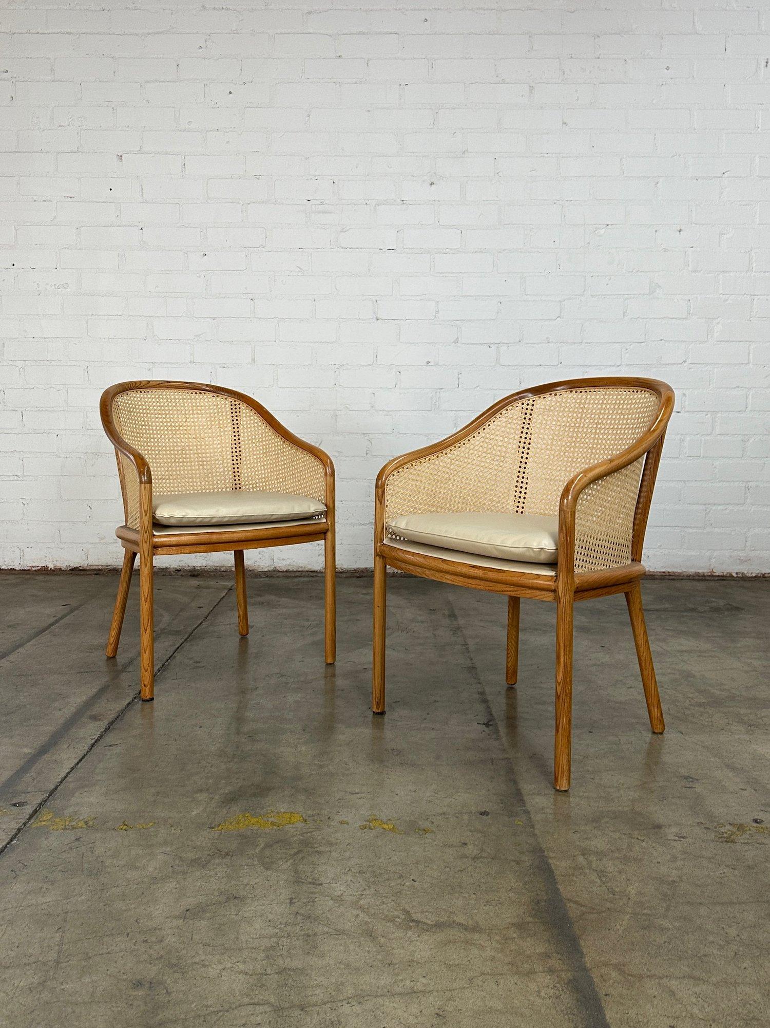 W23 D19 H32.5 SW20 SD18 SH18 AH24

Pair of Ward Bennet side chairs in great vintage condition. Chairs have original manufacture tag underneath. Both chairs are structurally sound with no major areas of wear. Cane has no visible areas of wear and no