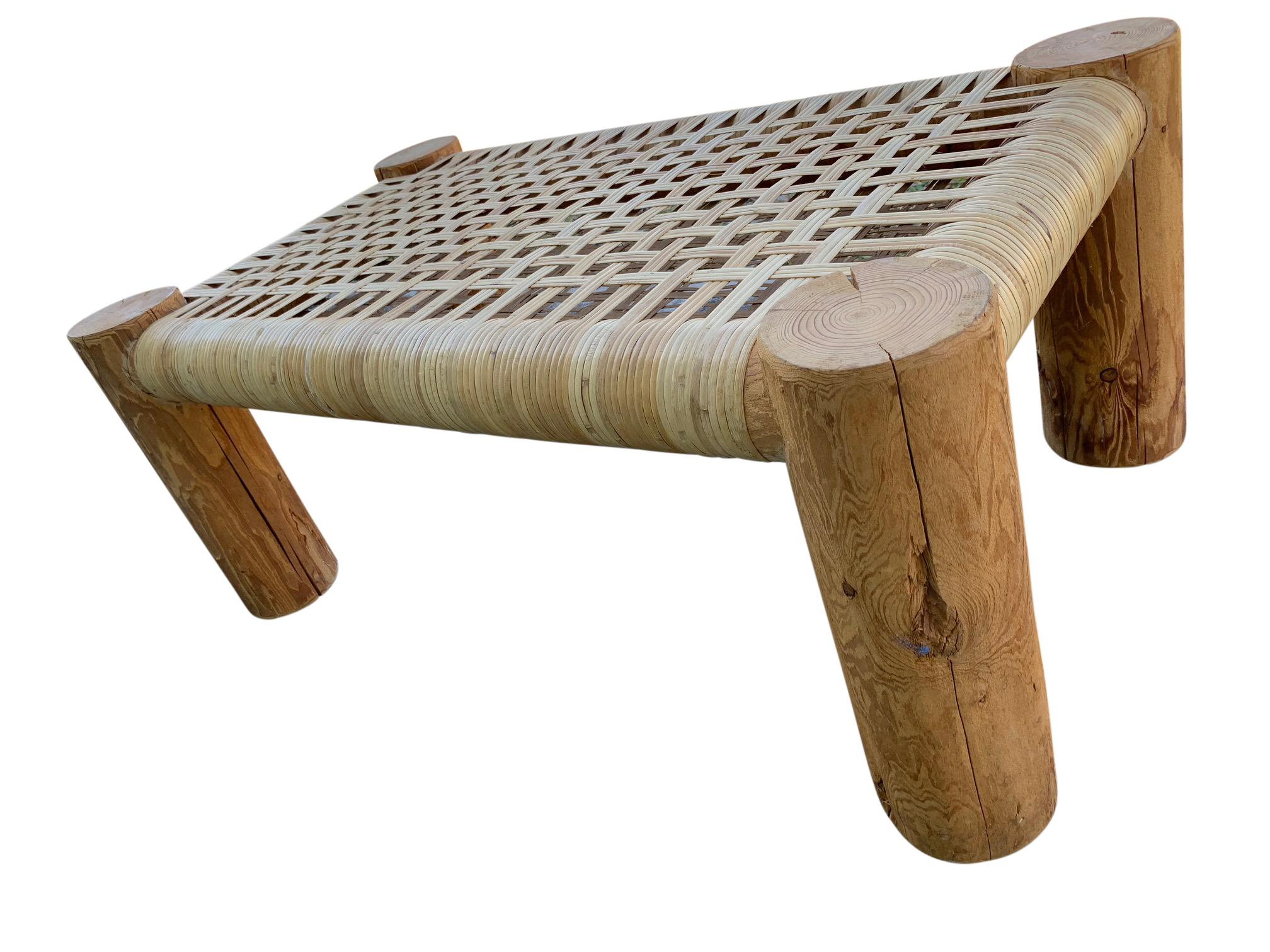 Cane Wicker Wrapped Modern Rustic Wood Bench Table For Sale 2