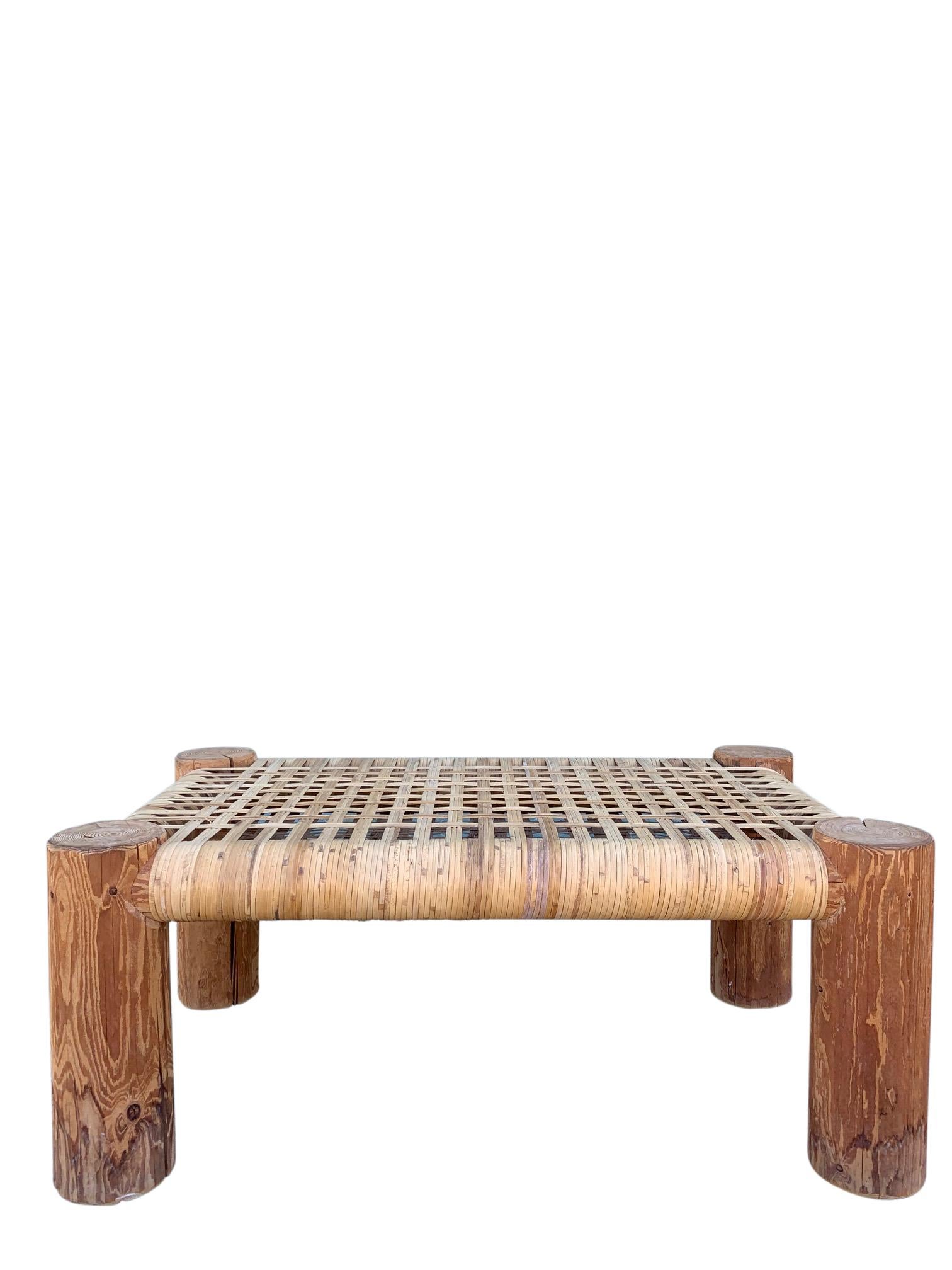 North American Cane Wicker Wrapped Modern Rustic Wood Bench Table For Sale