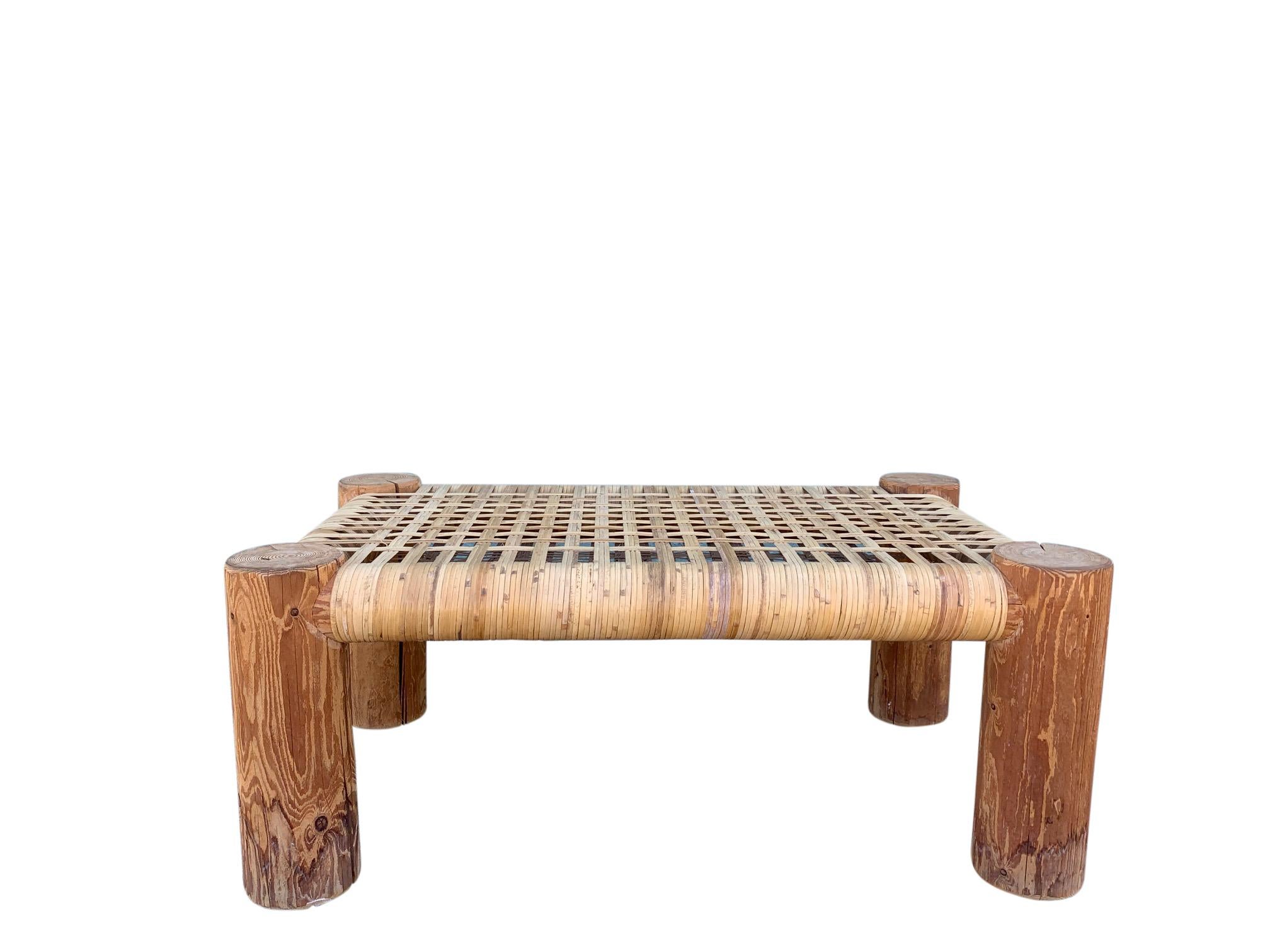 Cane Wicker Wrapped Modern Rustic Wood Bench Table In Good Condition For Sale In West Palm Beach, FL