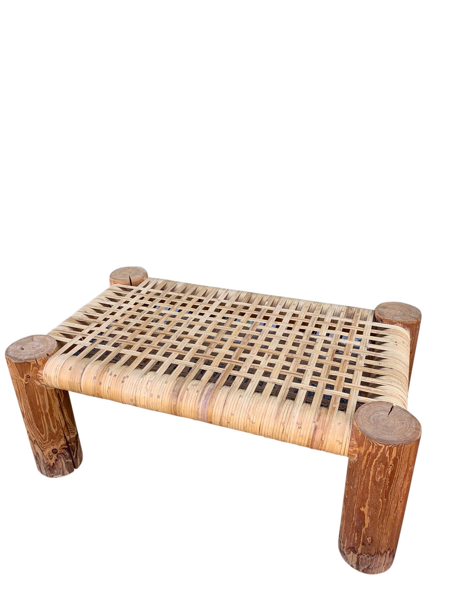 20th Century Cane Wicker Wrapped Modern Rustic Wood Bench Table For Sale