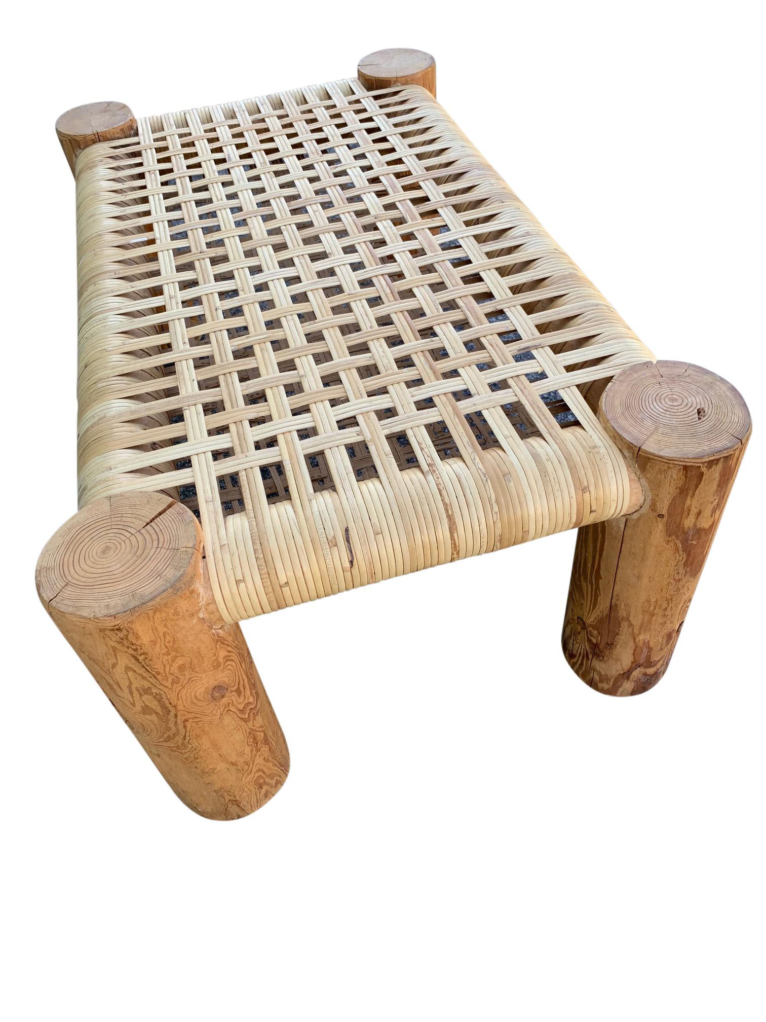 Cane Wicker Wrapped Modern Rustic Wood Bench Table For Sale 1
