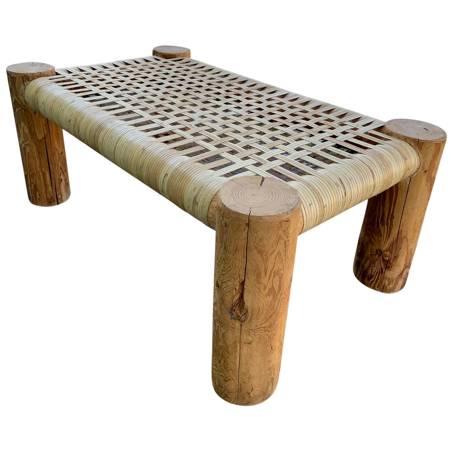 Cane Wicker Wrapped Modern Rustic Wood Bench Table