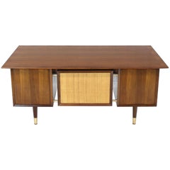 Caned Back Overhanging Floating Banded Top Large Brass Hardware Executive Desk
