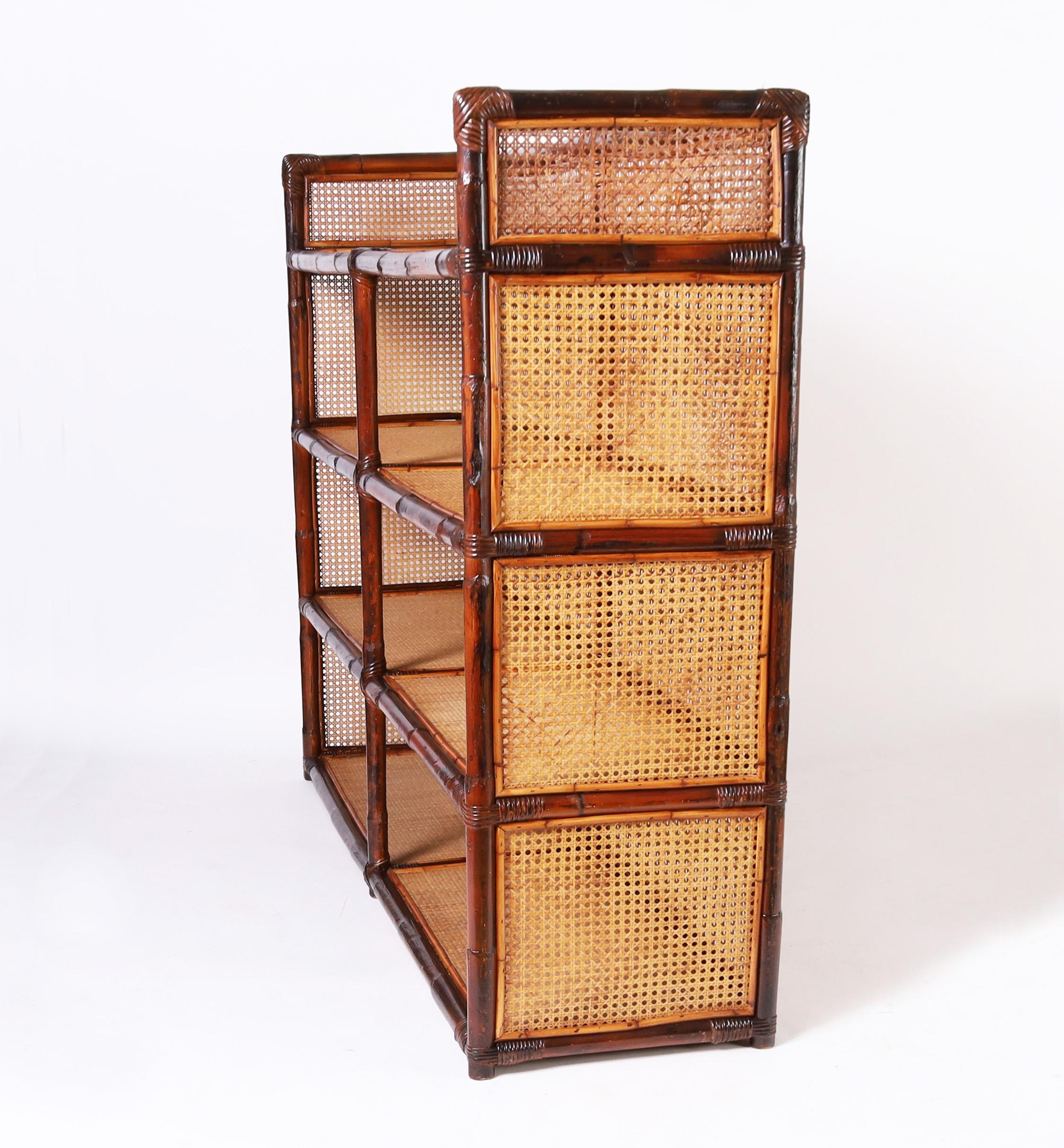 Mid-Century Modern Caned Bamboo and Grasscloth Etagere or Bookshelf For Sale
