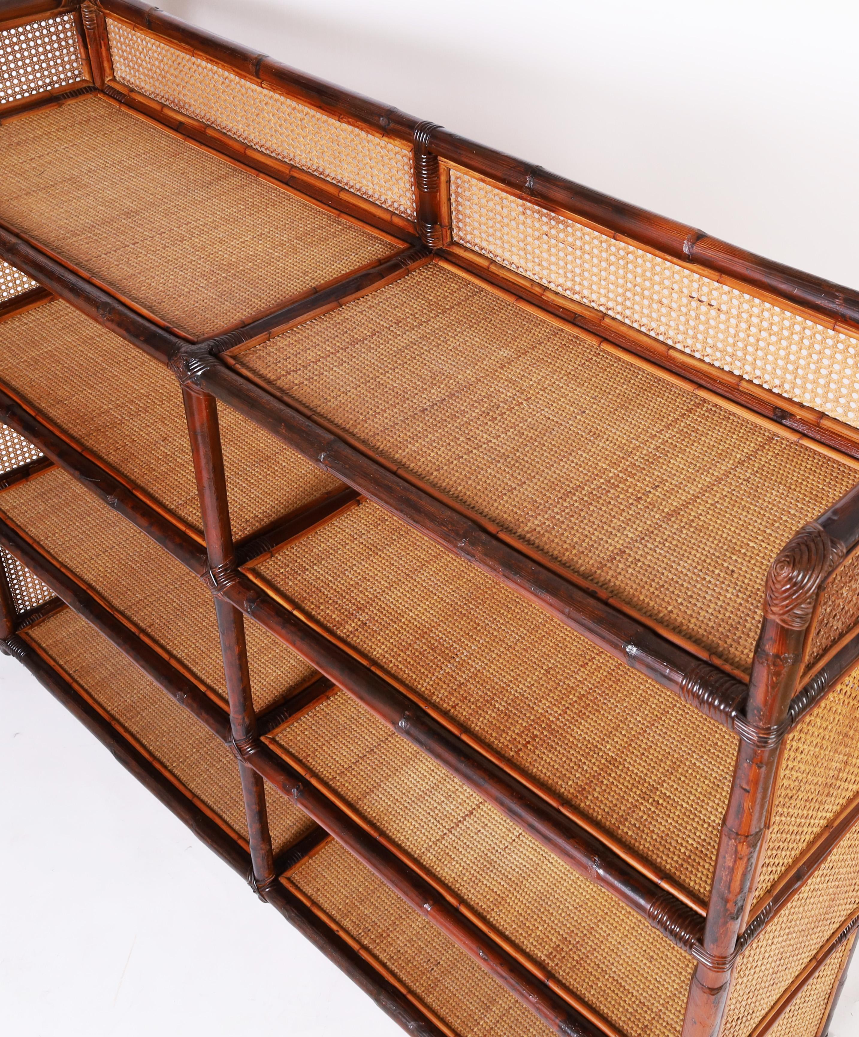 Hand-Crafted Caned Bamboo and Grasscloth Etagere or Bookshelf For Sale